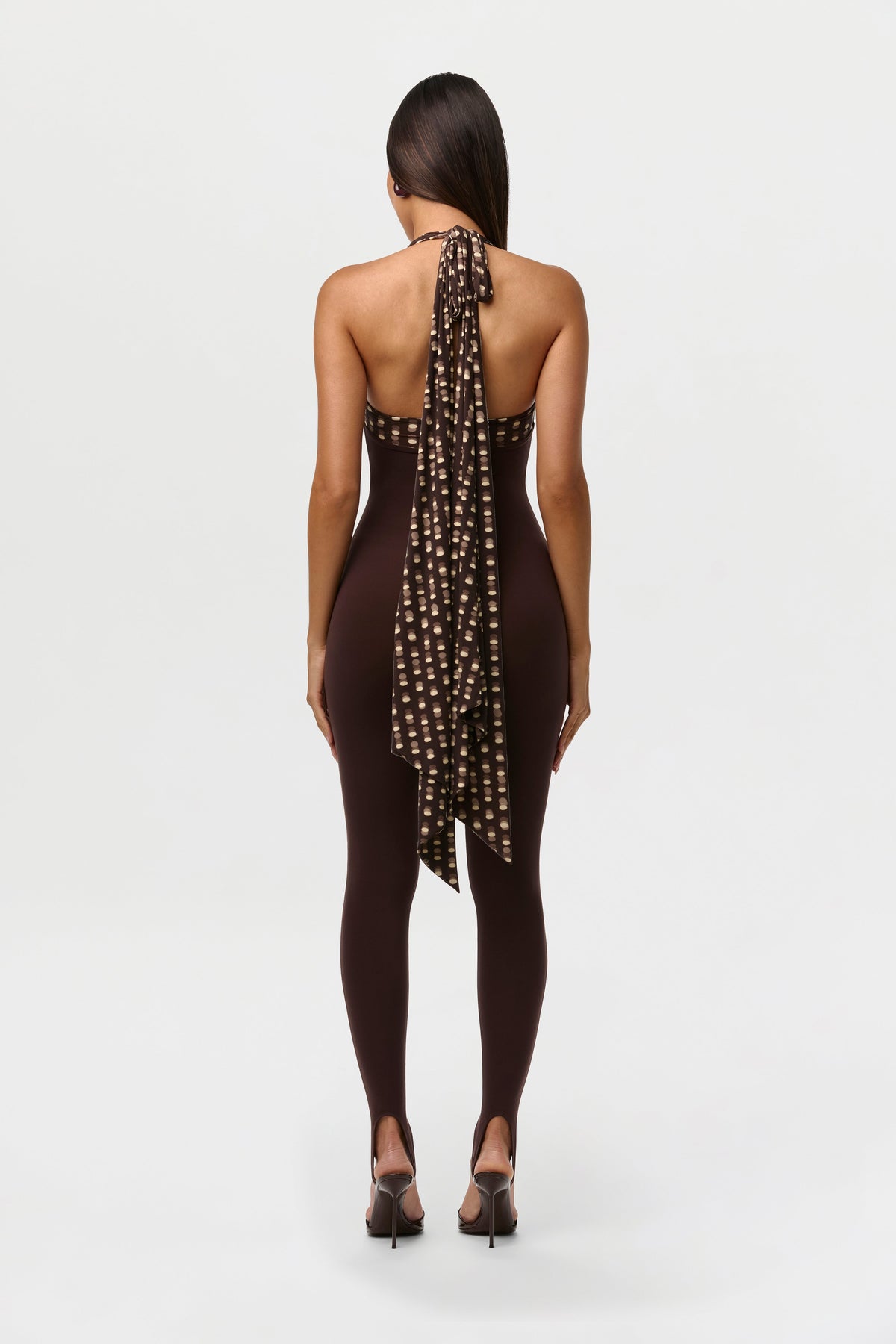 Dark Chocolate Naked Halter Print Stirrup Jumpsuit Petite