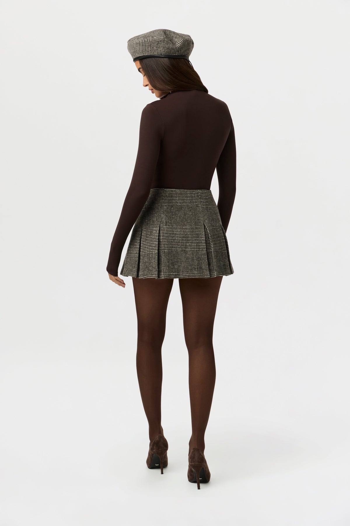 Chocolate HT Plaid Pattern Suiting Pleated Mini Skirt