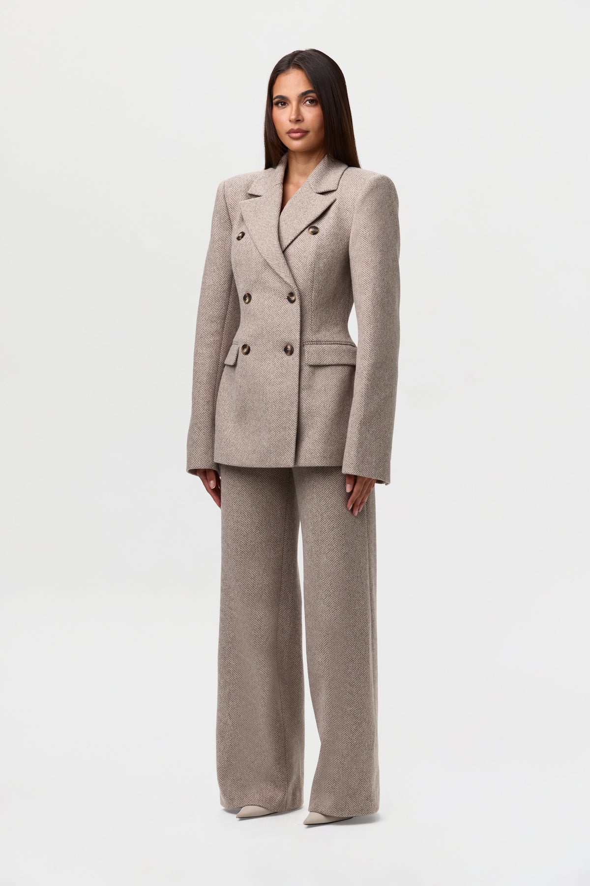 Taupe Chevron Pattern Suiting Double Breasted Blazer