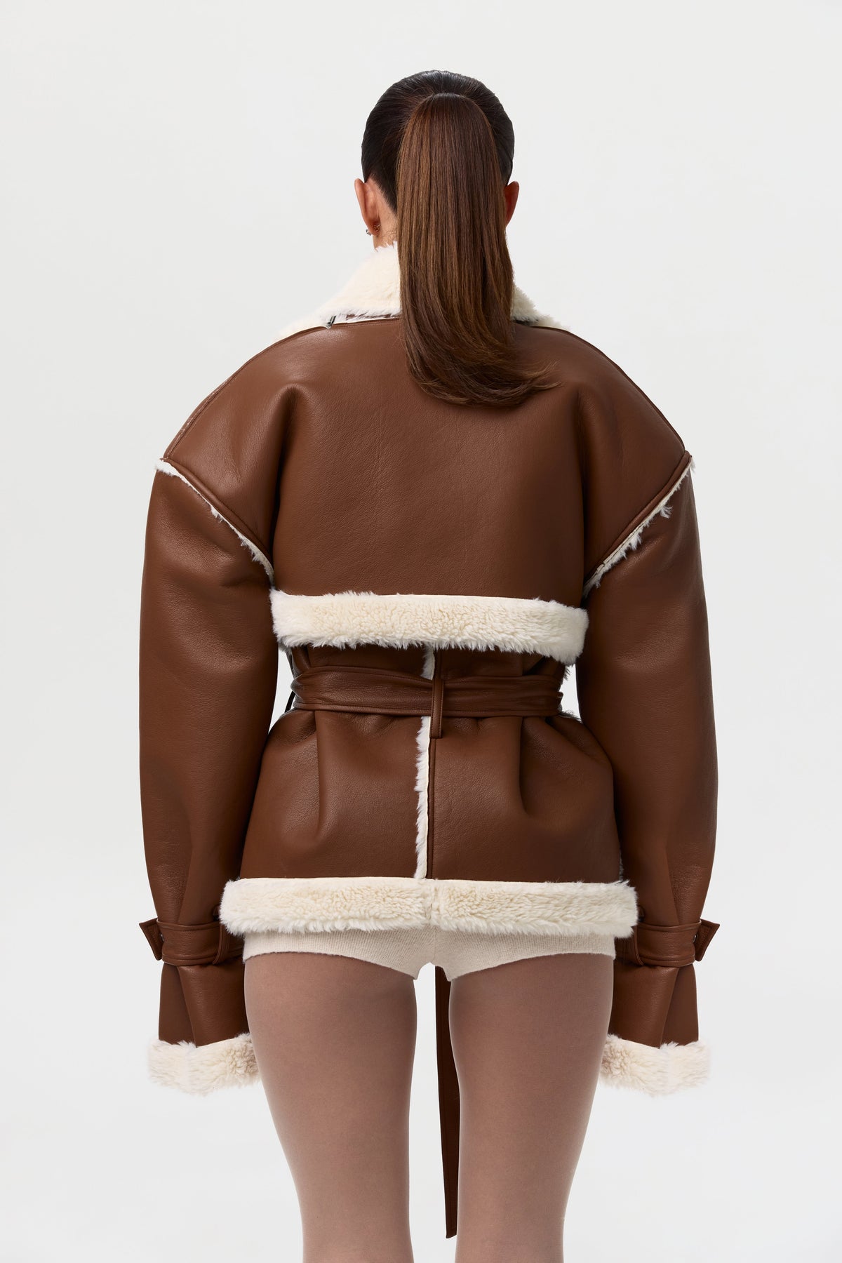 Camel Vegan Leather Sherpa Coat