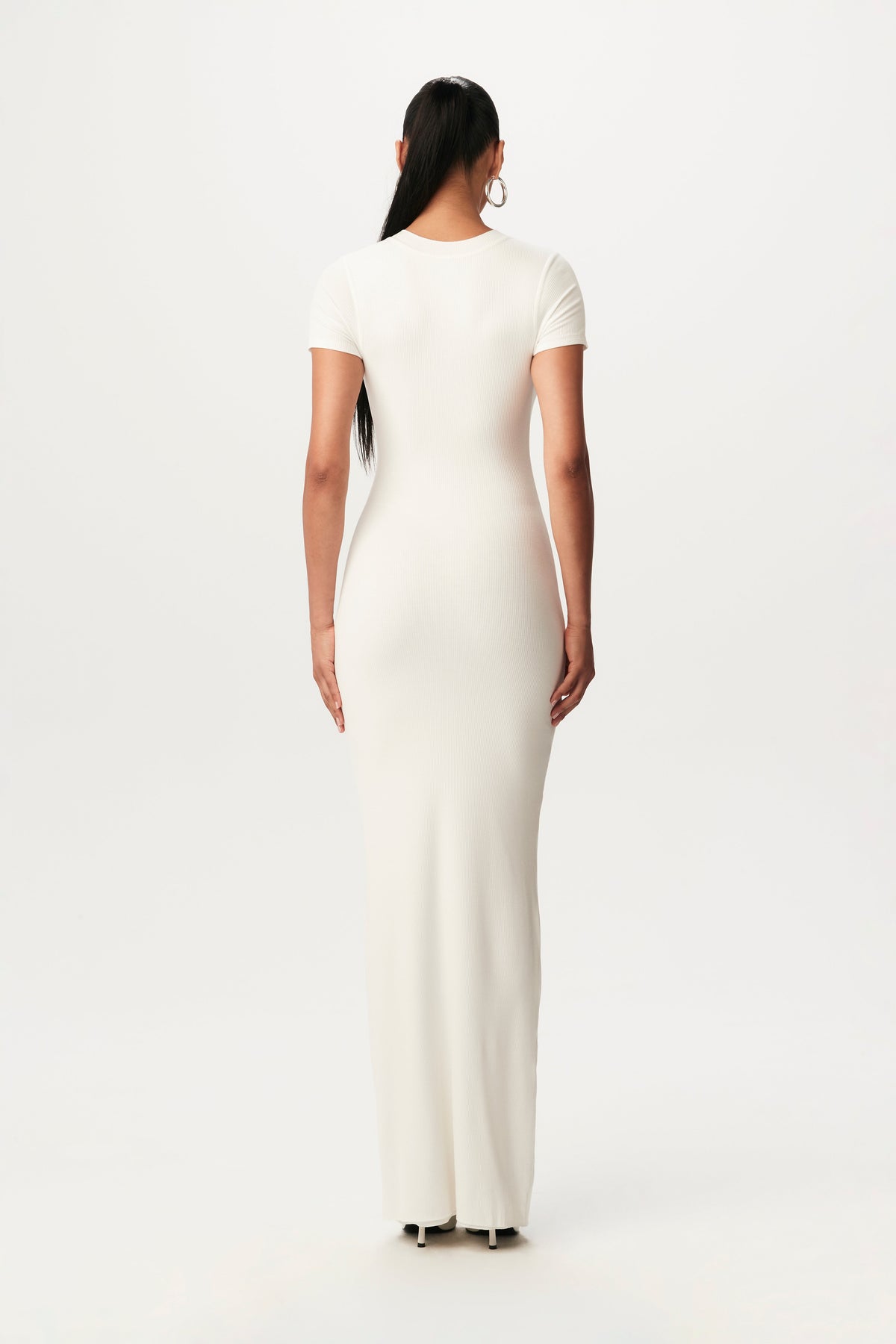 White Micro Ribbed Short Sleeve Maxi Dress