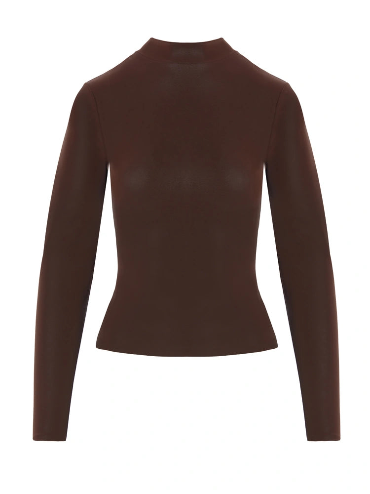 DARK CHOCOLATE Liquid Suede Turtleneck Top