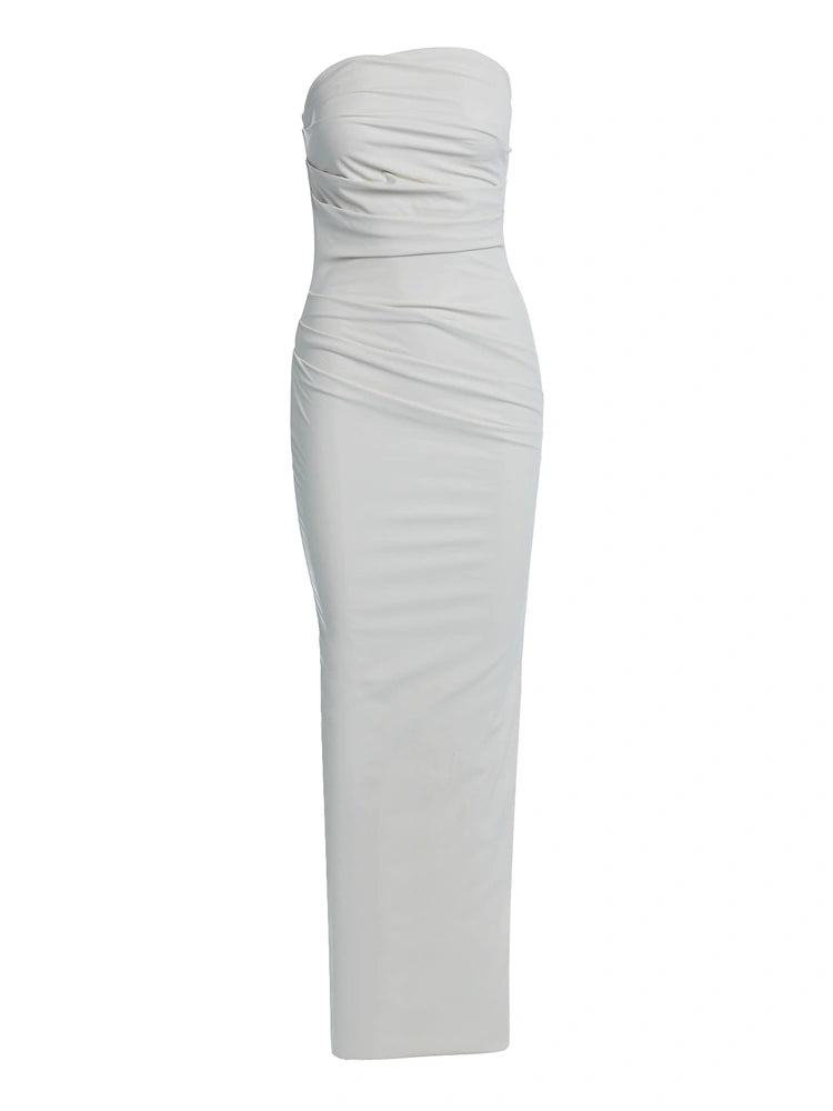 WHITE Vegan Leather Pleated Maxi Dress