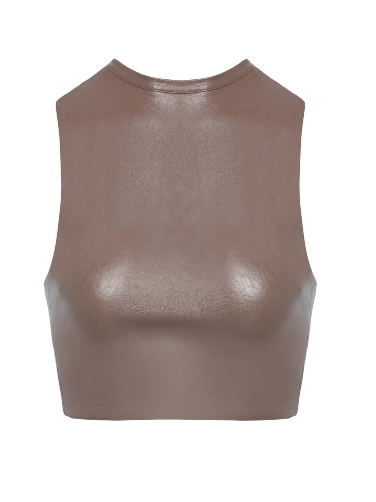 TAUPE Zip It Faux Good Crop Top