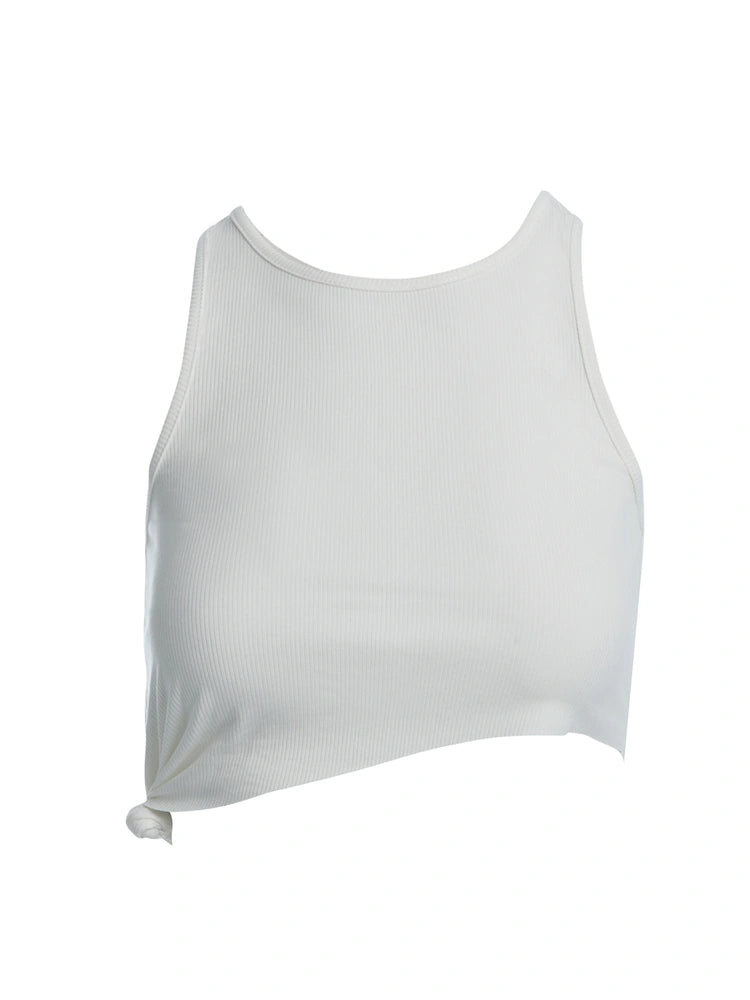 White Ribbed Knotted Crop Top