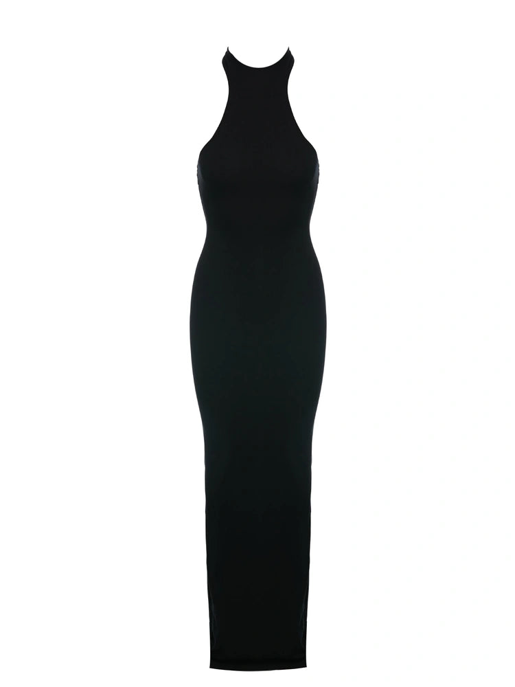 BLACK THE RIBBED HALTER MAXI