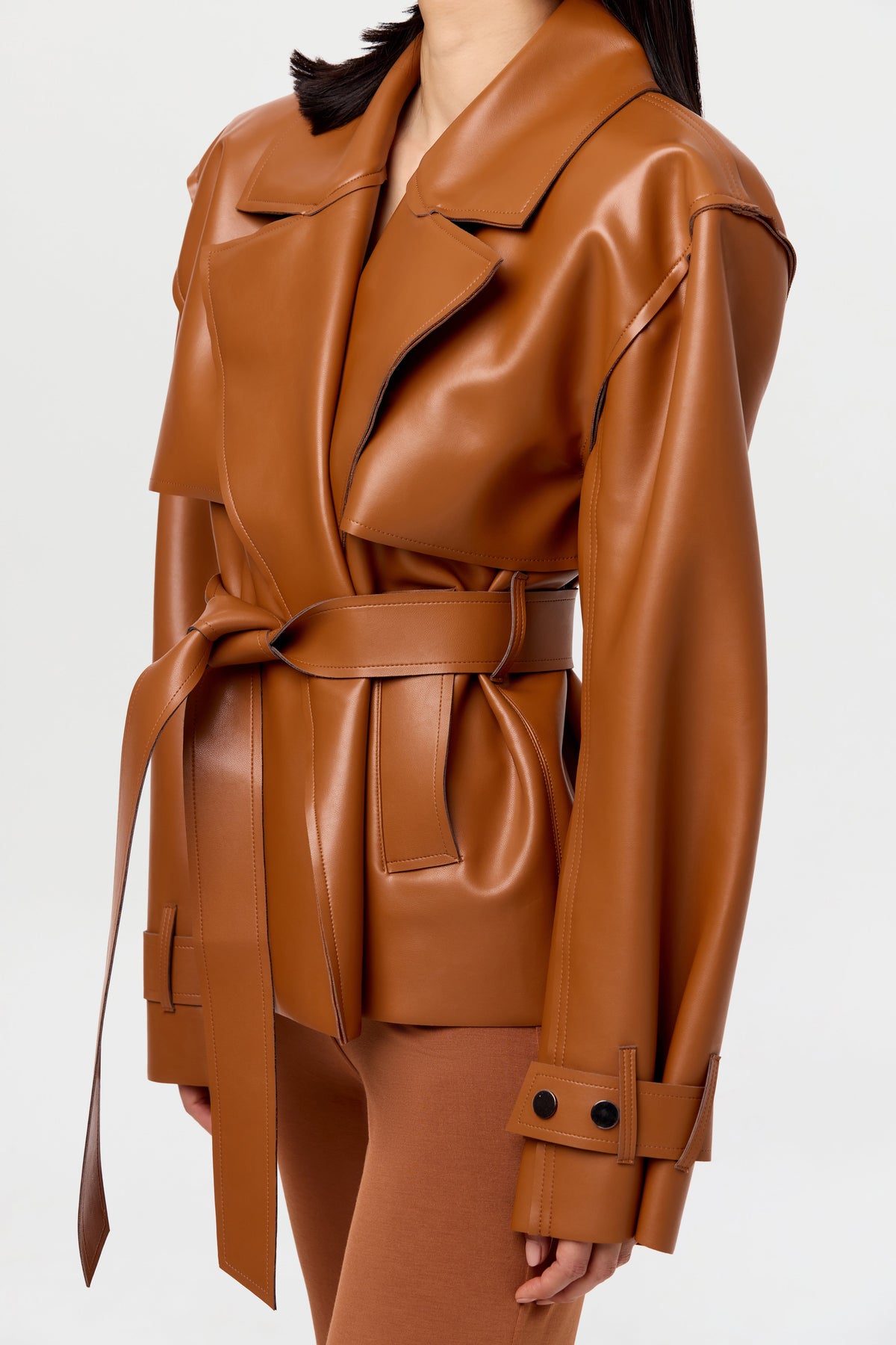 Camel Vegan Leather Cropped Trench Jacket