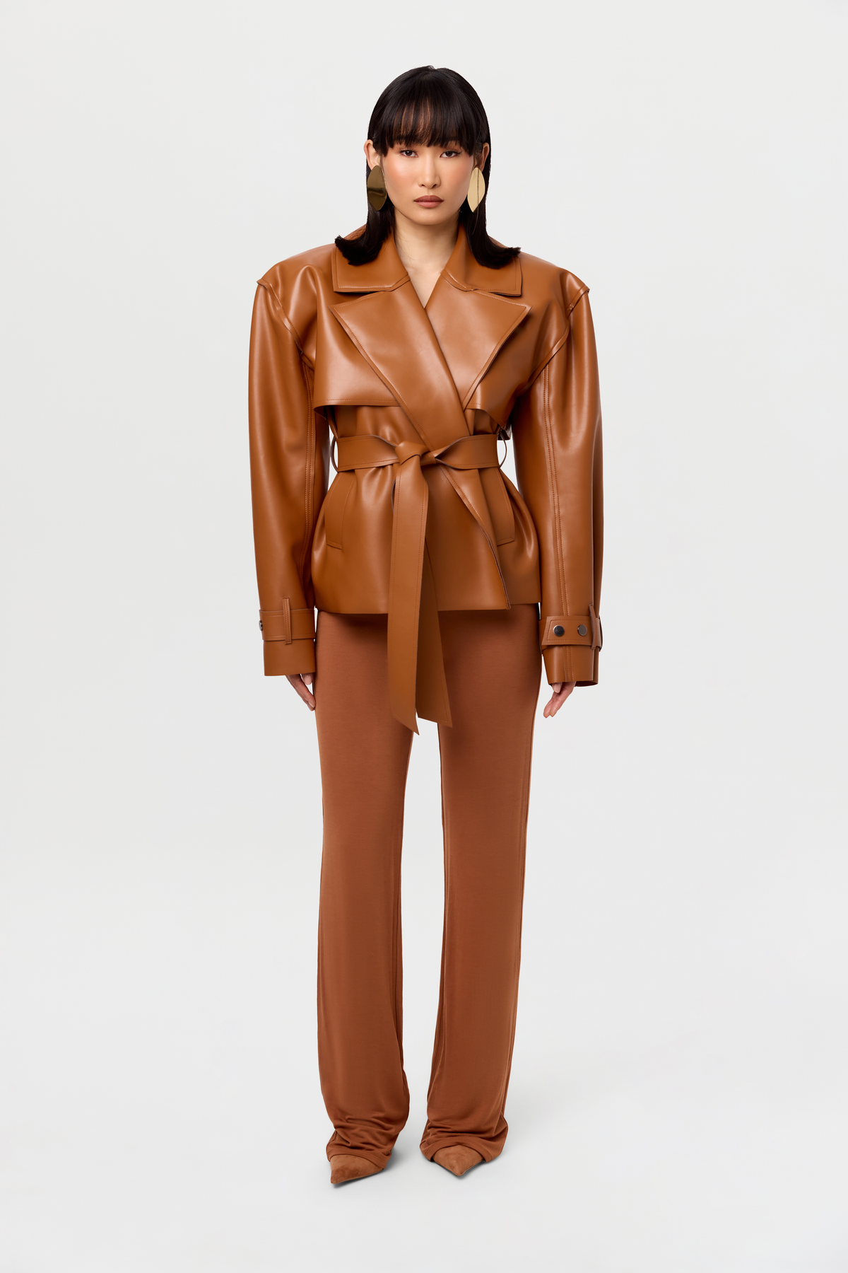 Camel Vegan Leather Cropped Trench Jacket