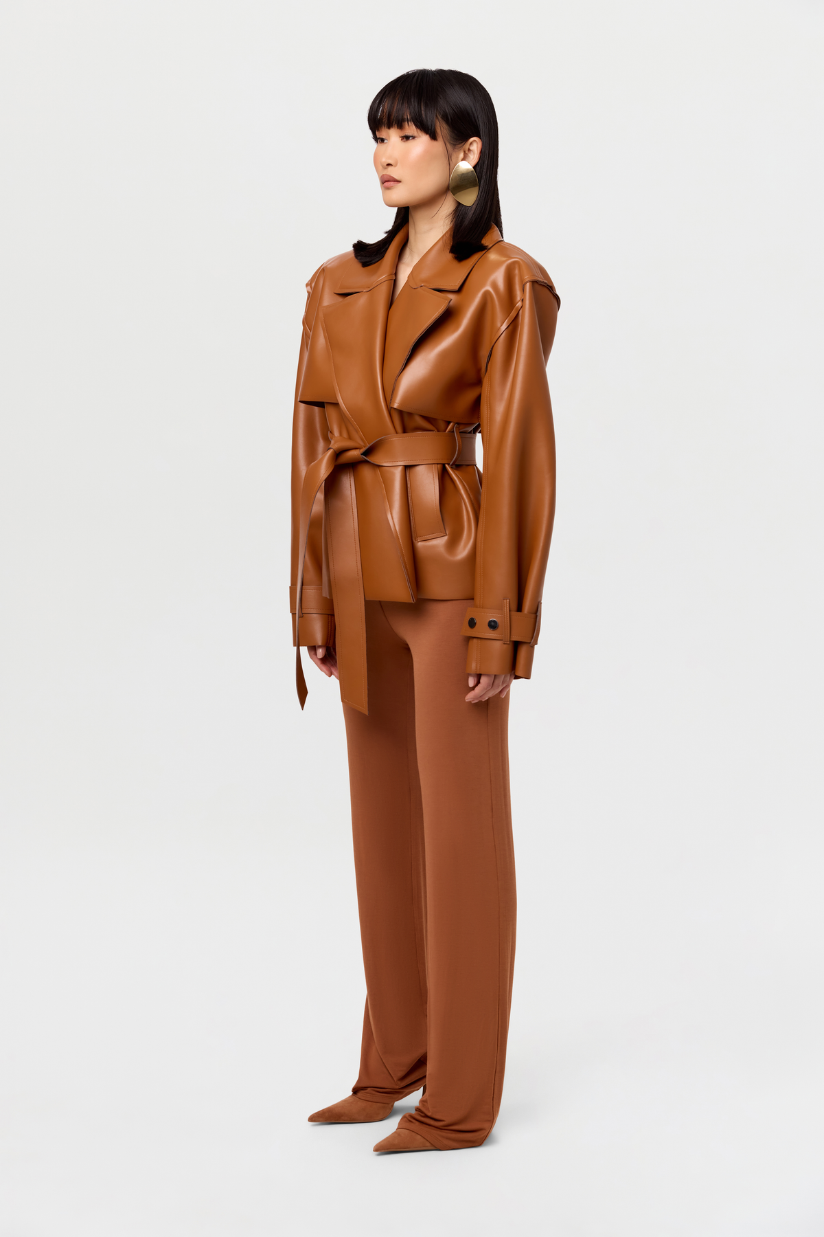 Camel Vegan Leather Cropped Trench Jacket