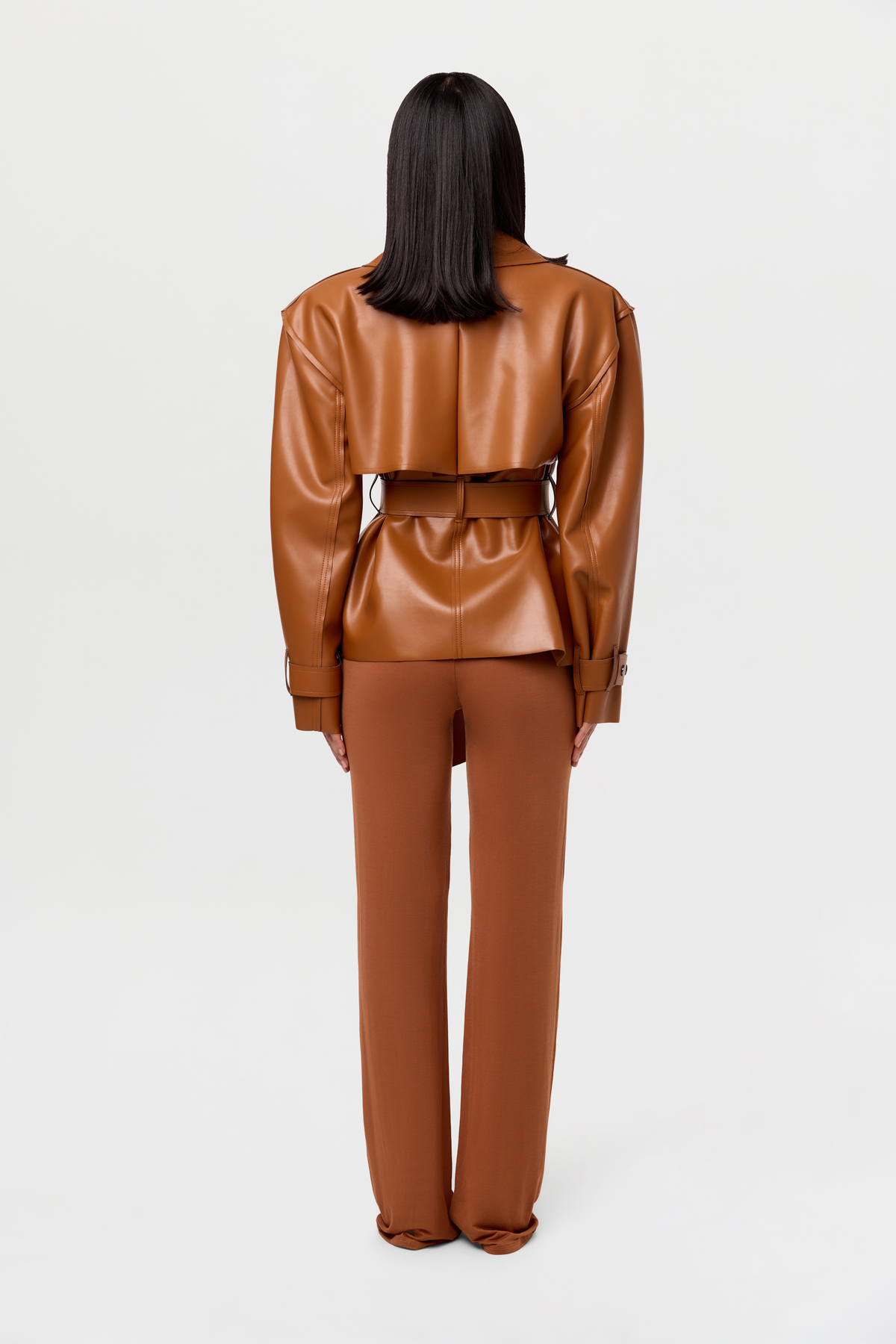Camel Vegan Leather Cropped Trench Jacket