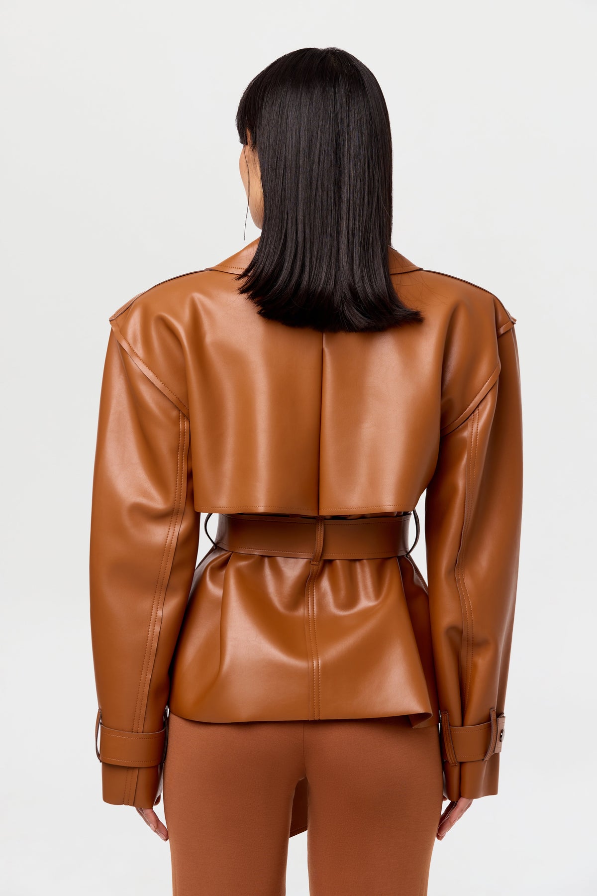 Camel Vegan Leather Cropped Trench Jacket