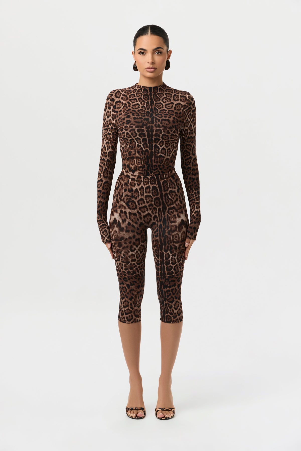 Brown Leopard Naked Print Capri Leggings