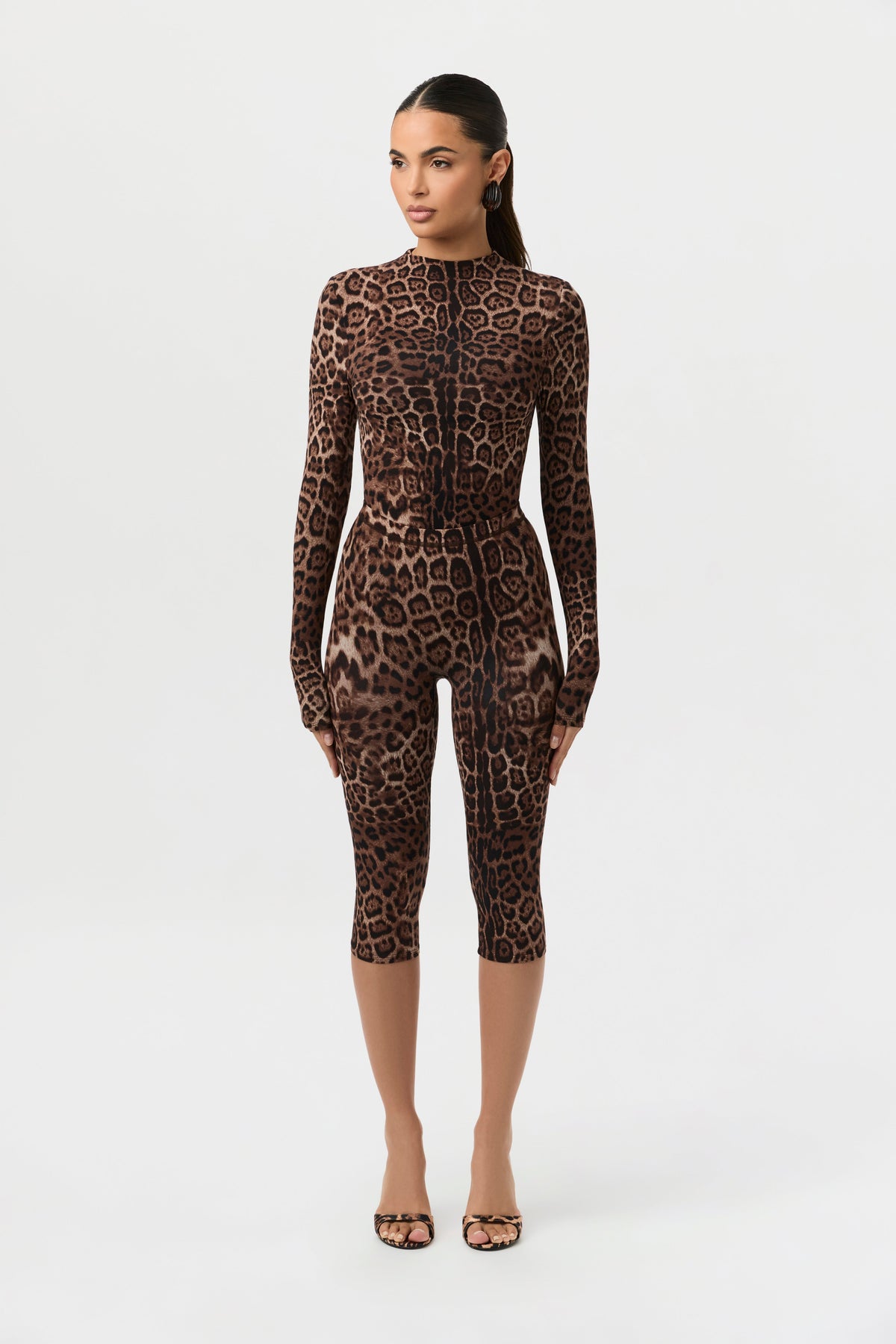 Brown Leopard Naked Print Capri Leggings