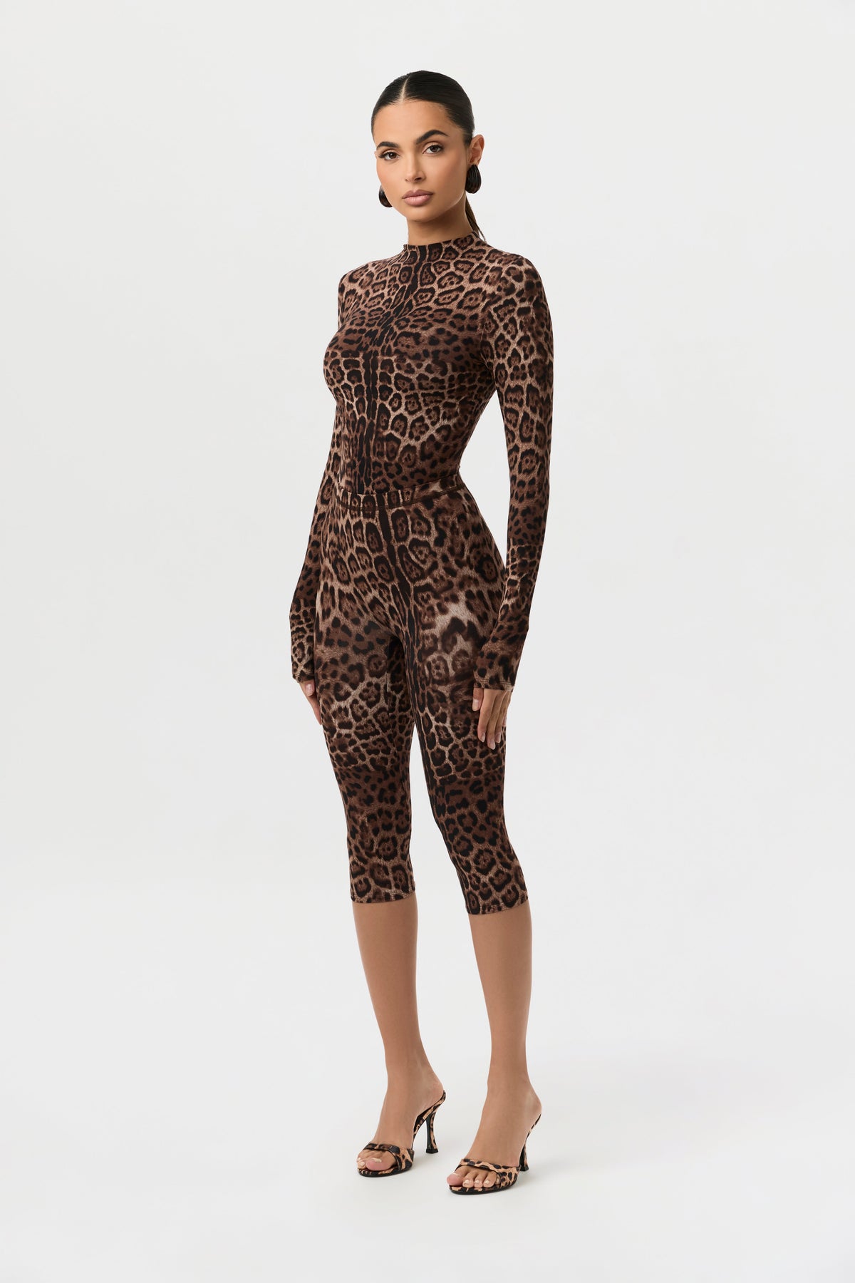 Brown Leopard Naked Print Capri Leggings