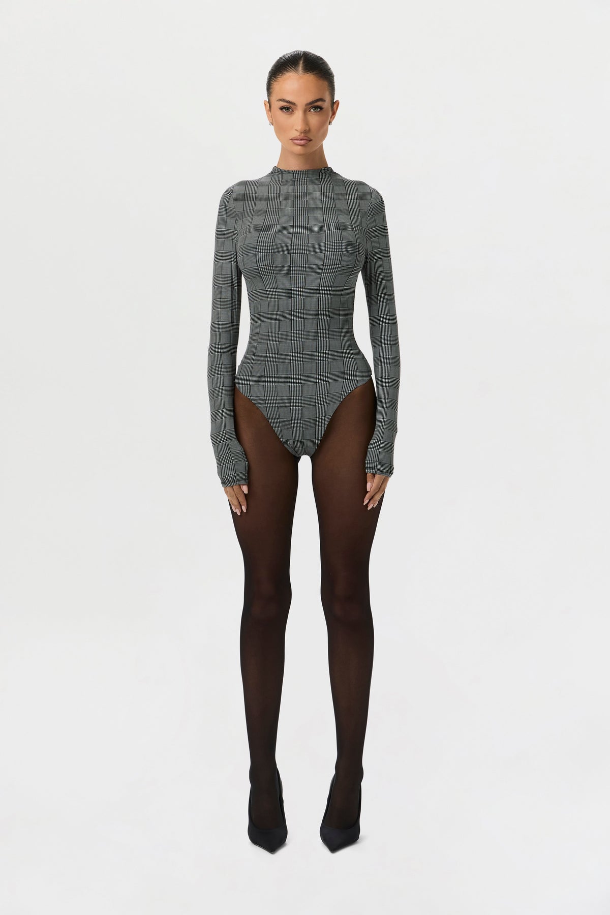Houndstooth Plaid Naked Print Bodysuit