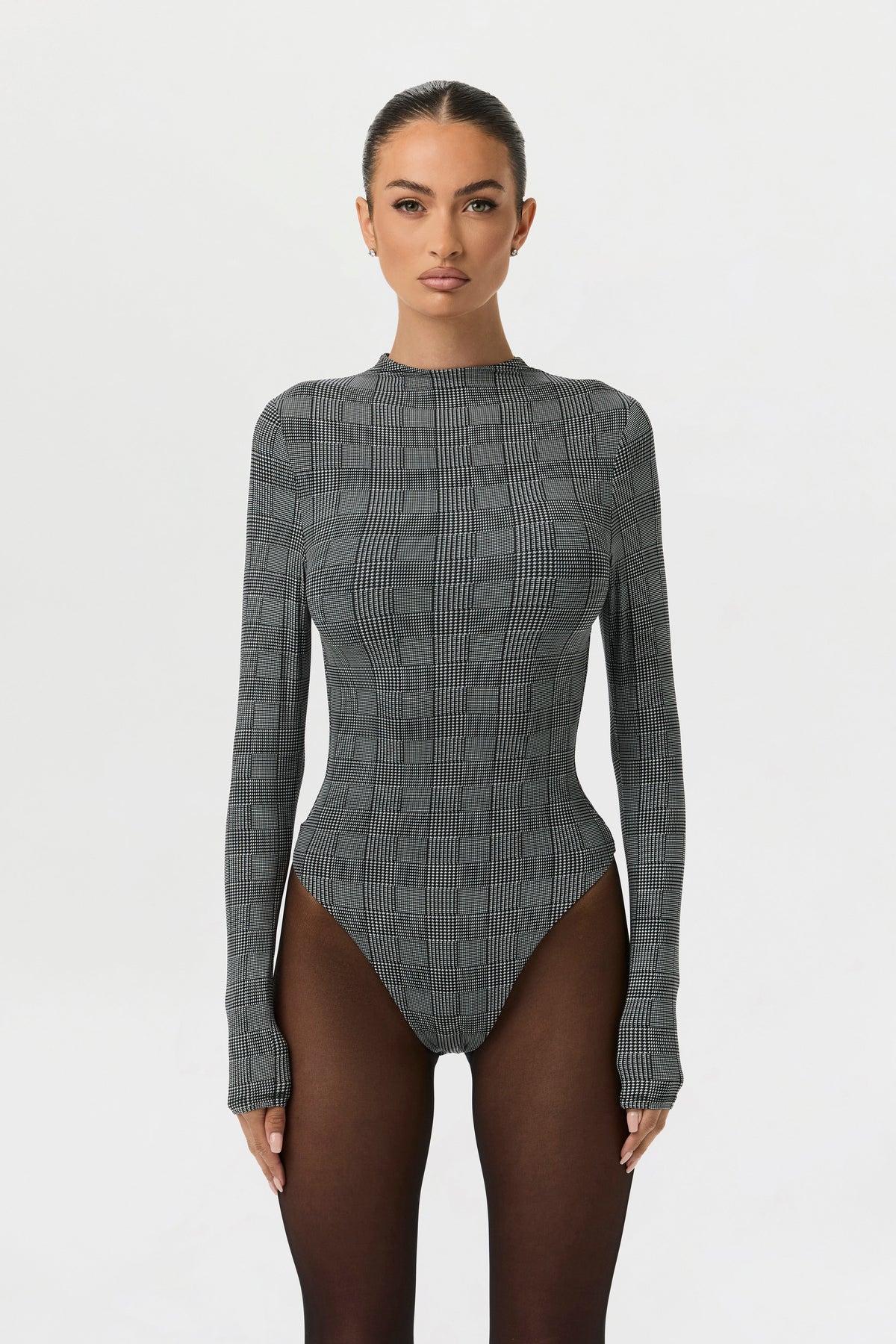 Houndstooth Plaid Naked Print Bodysuit