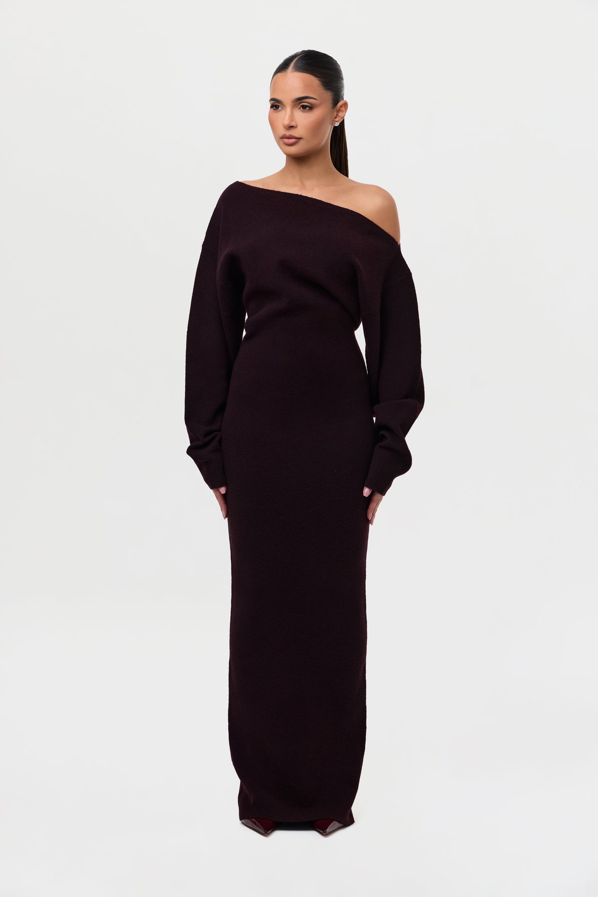 Dark Plum Knit Off-Shoulder Sweater Maxi Dress