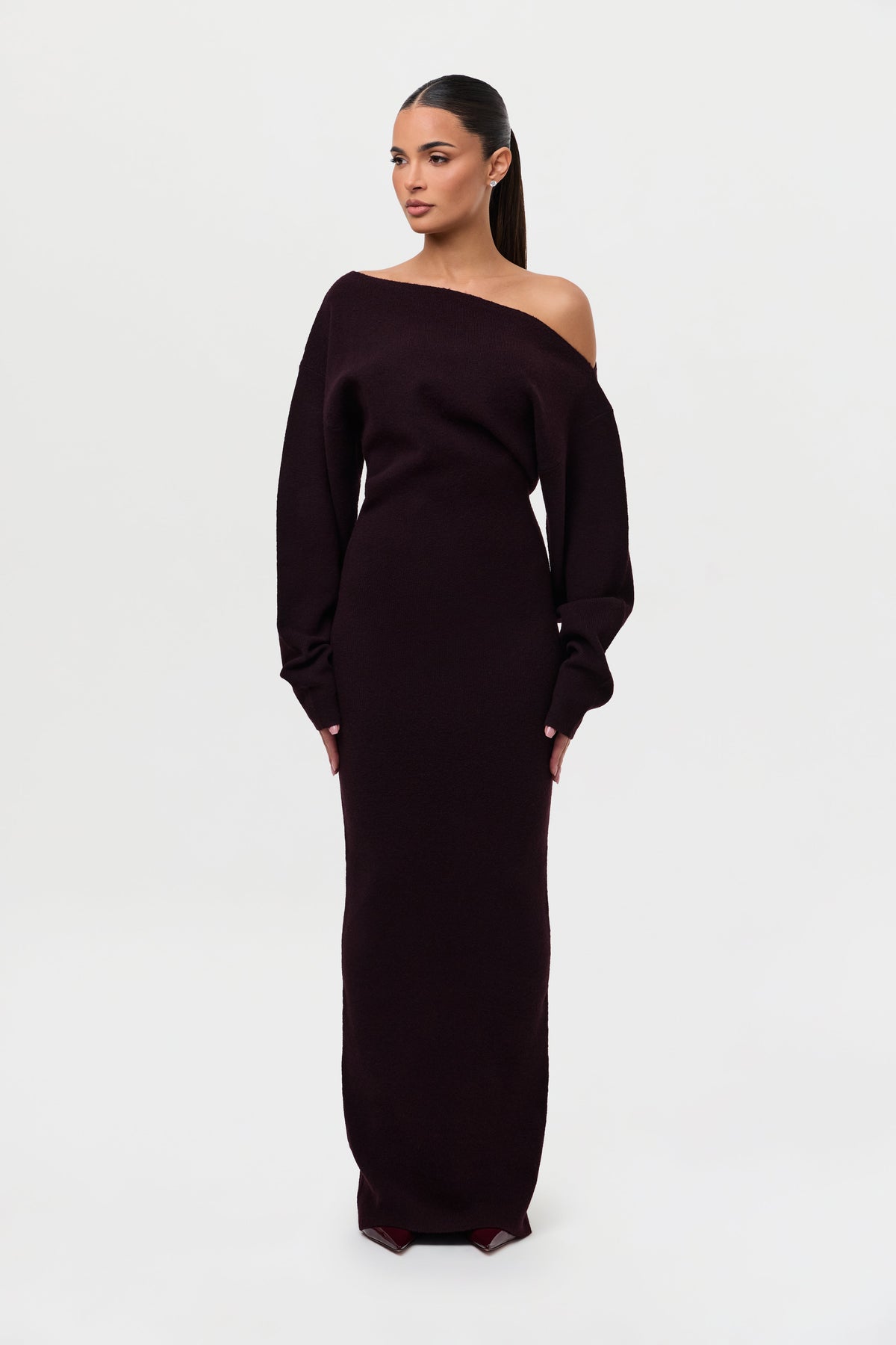 Dark Plum Knit Off-Shoulder Sweater Maxi Dress