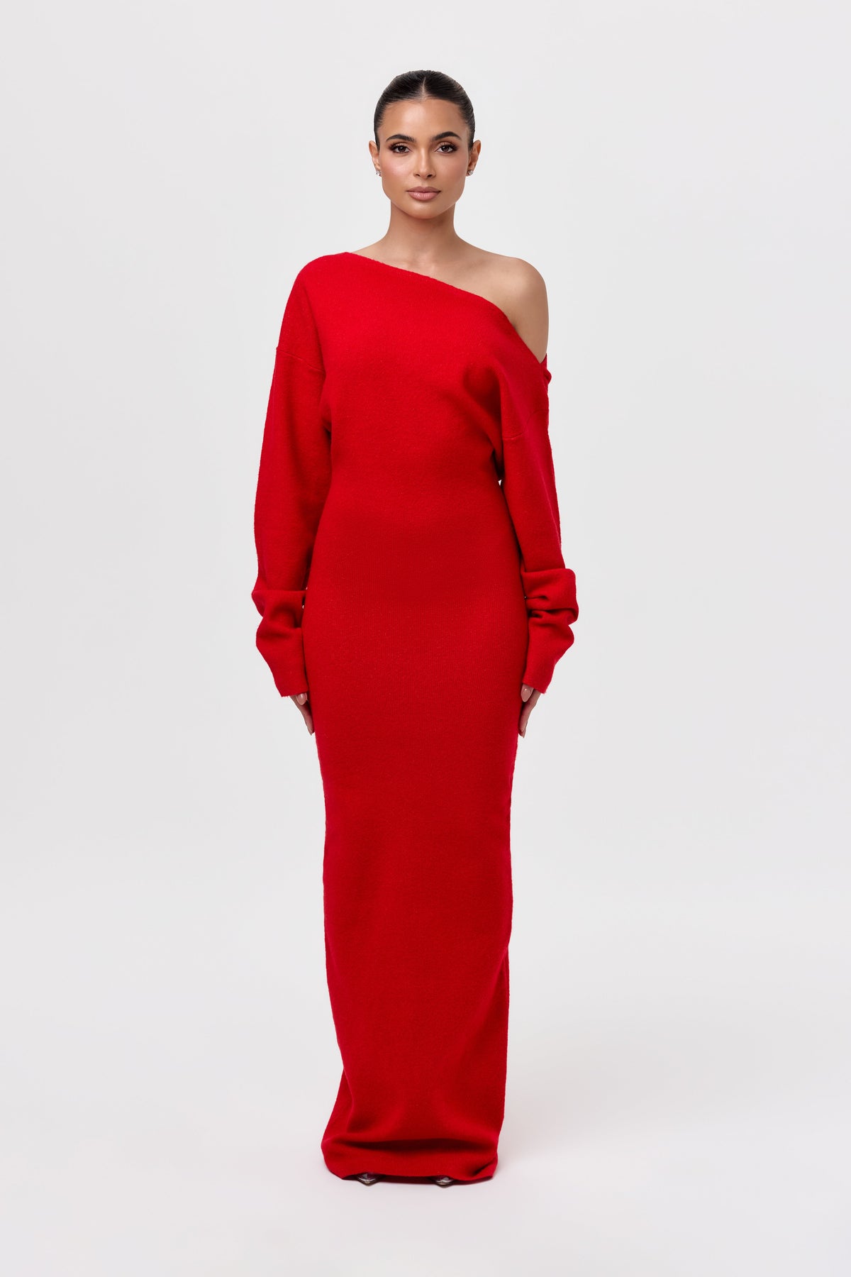 Red Knit Off-Shoulder Sweater Maxi Dress