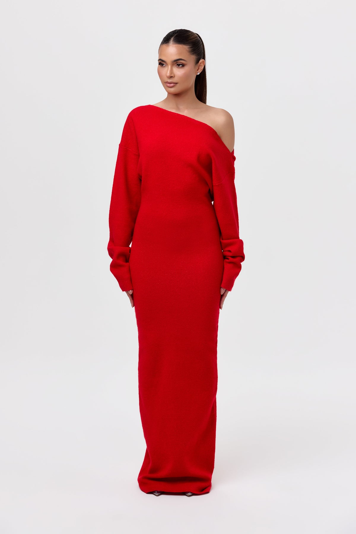 Red Knit Off-Shoulder Sweater Maxi Dress