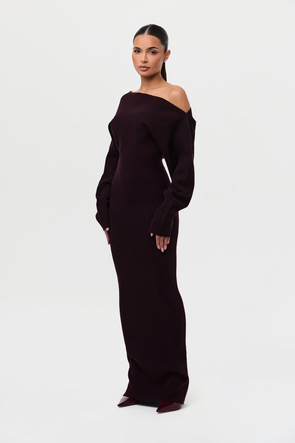Dark Plum Knit Off-Shoulder Sweater Maxi Dress