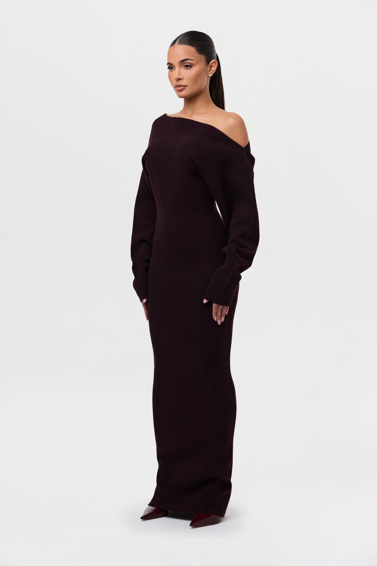 Dark Plum Knit Off-Shoulder Sweater Maxi Dress