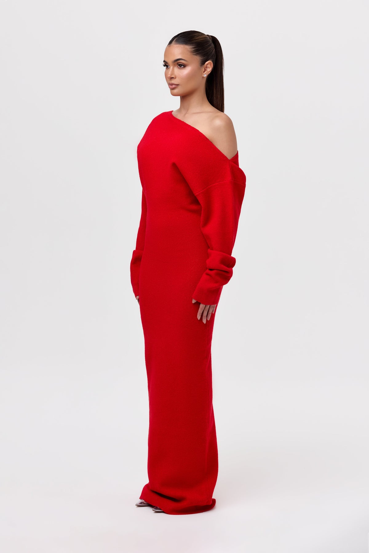 Red Knit Off-Shoulder Sweater Maxi Dress