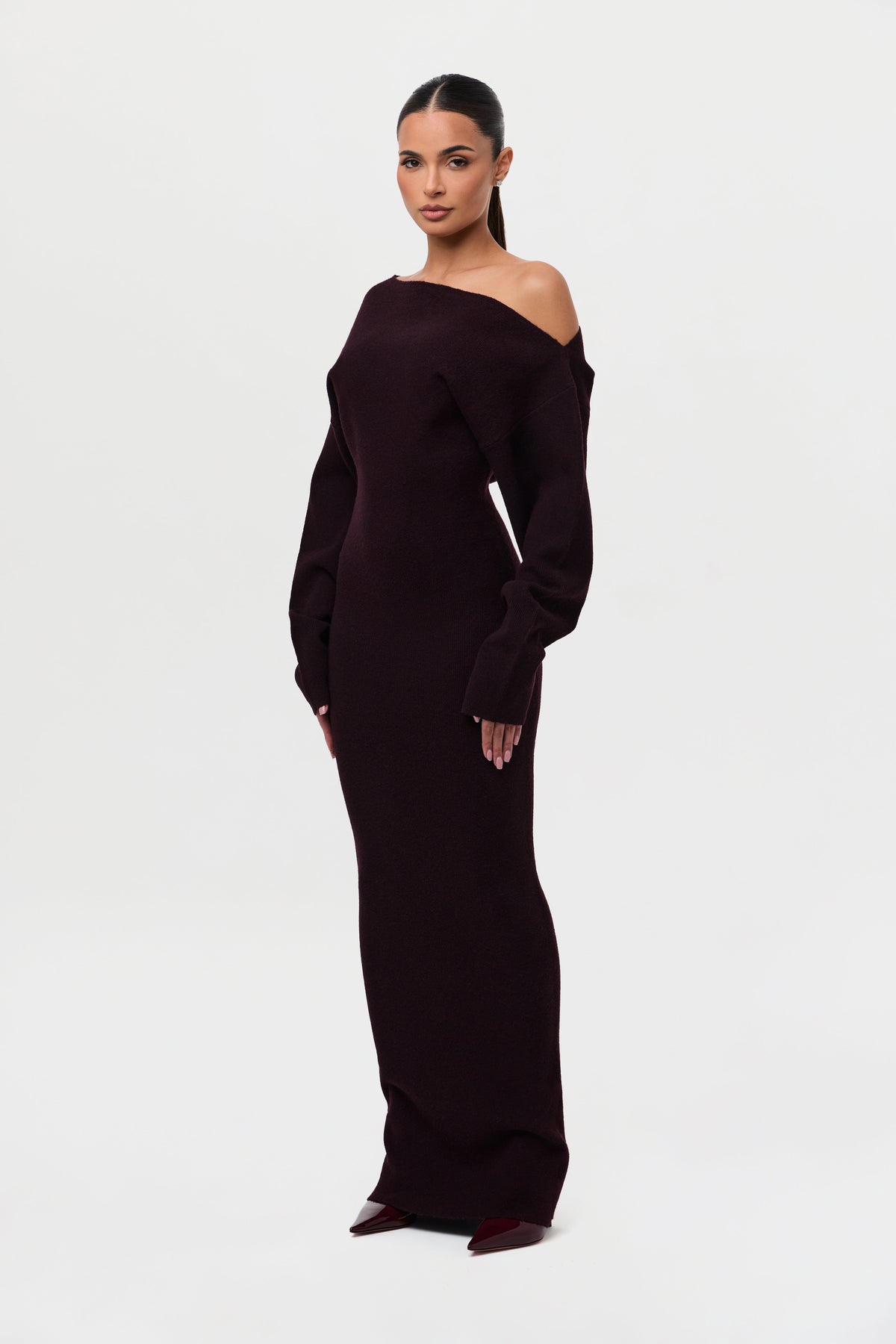 Dark Plum Knit Off-Shoulder Sweater Maxi Dress