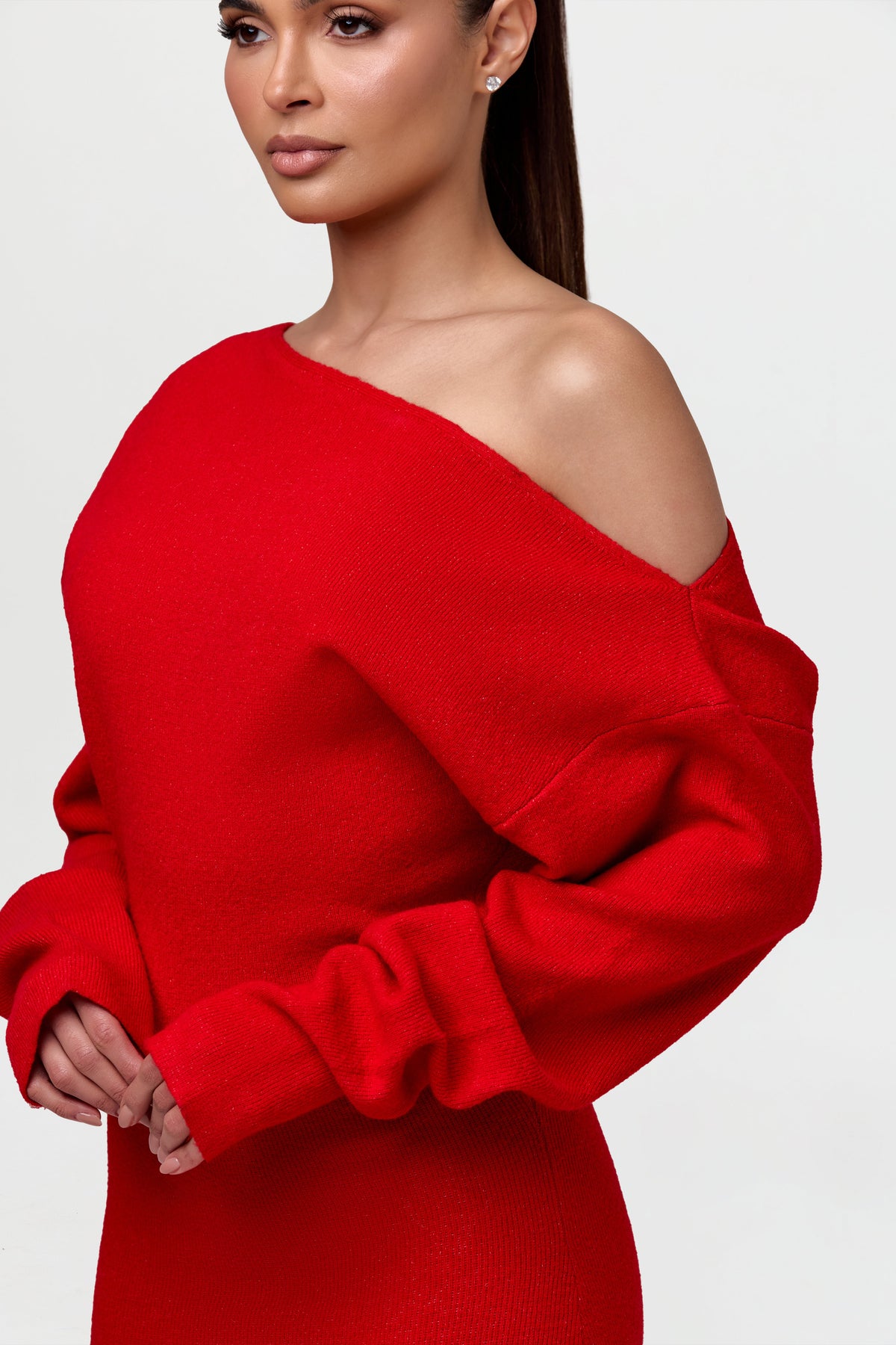 Red Knit Off-Shoulder Sweater Maxi Dress