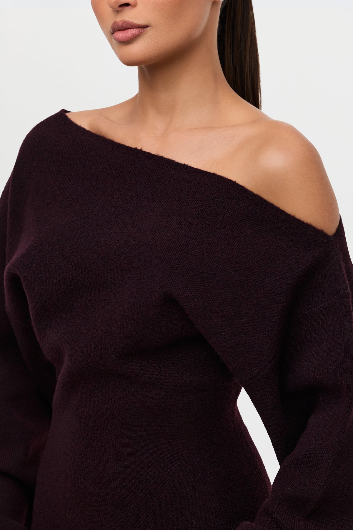 Dark Plum Knit Off-Shoulder Sweater Maxi Dress