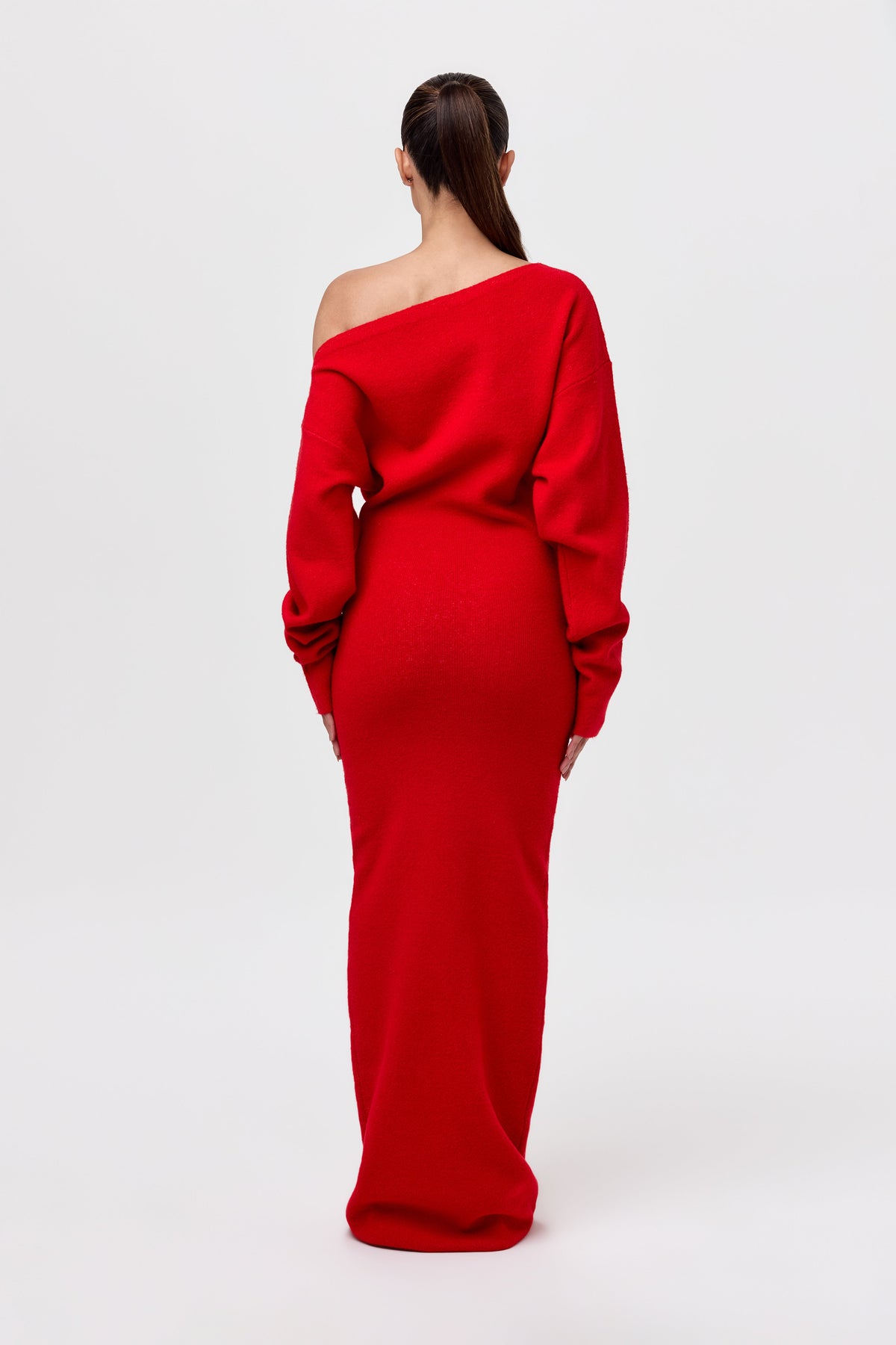 Red Knit Off-Shoulder Sweater Maxi Dress