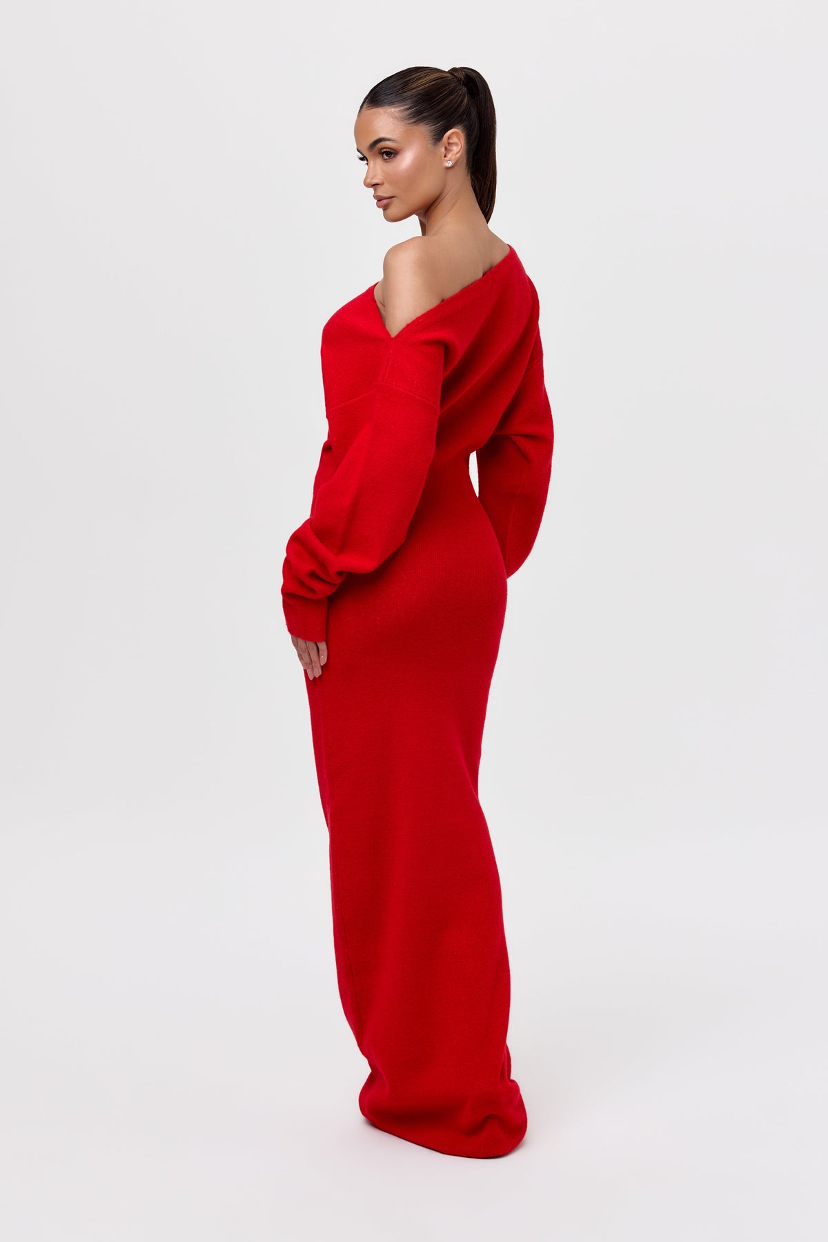 Red Knit Off-Shoulder Sweater Maxi Dress