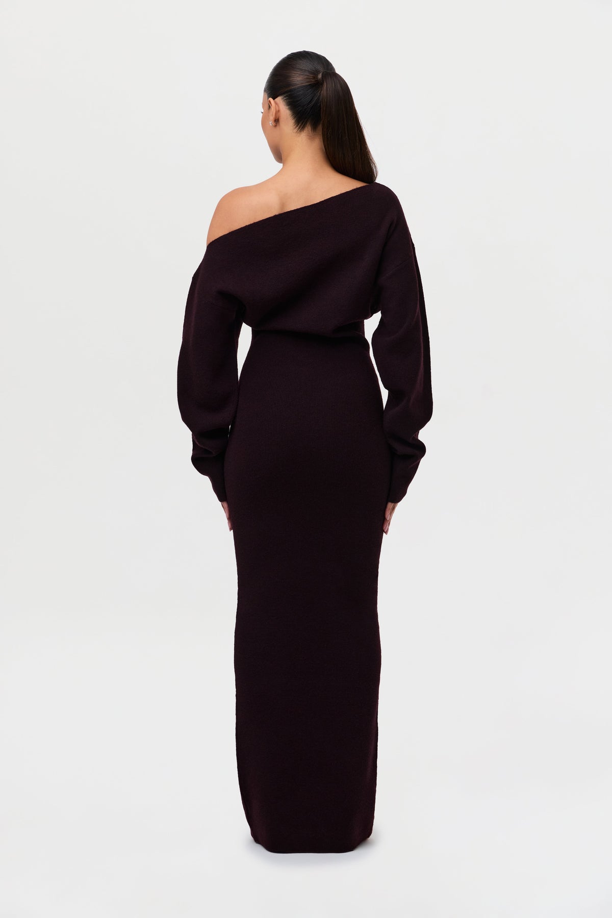 Dark Plum Knit Off-Shoulder Sweater Maxi Dress