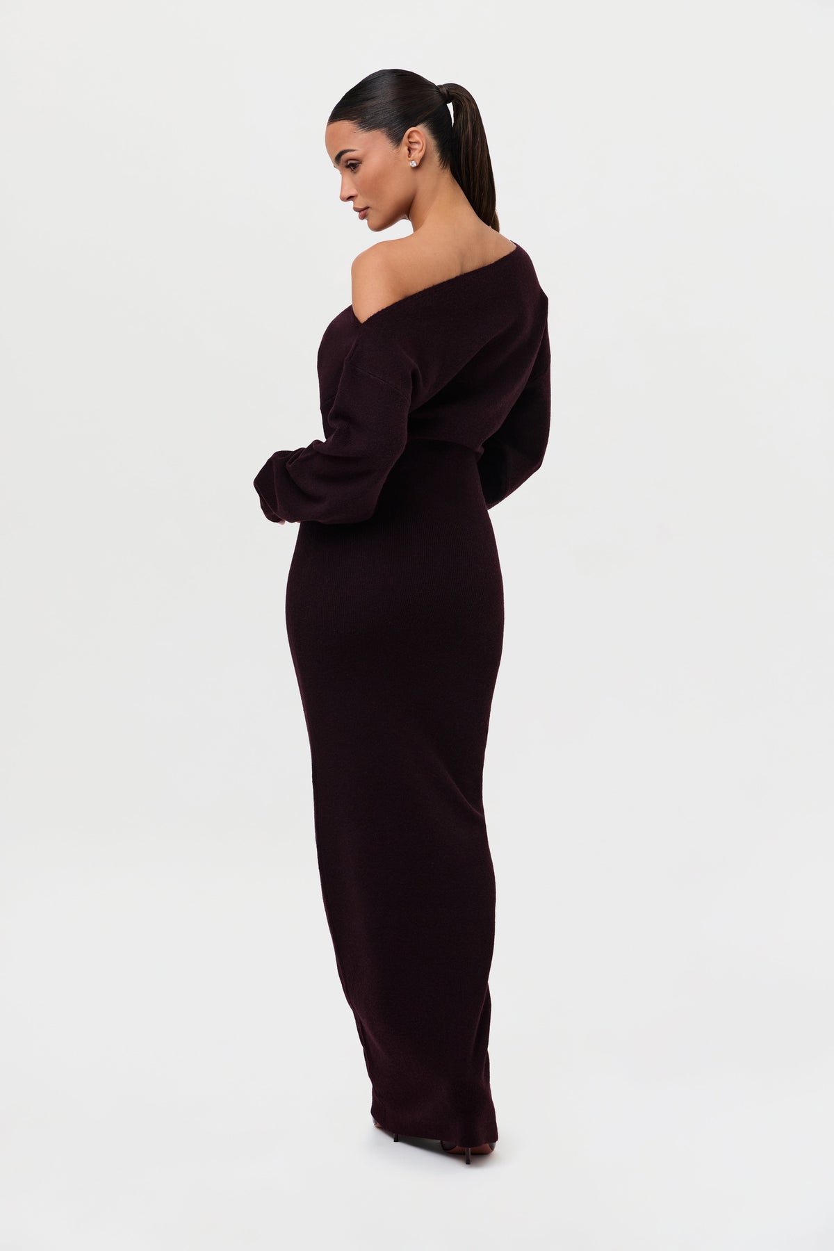 Dark Plum Knit Off-Shoulder Sweater Maxi Dress