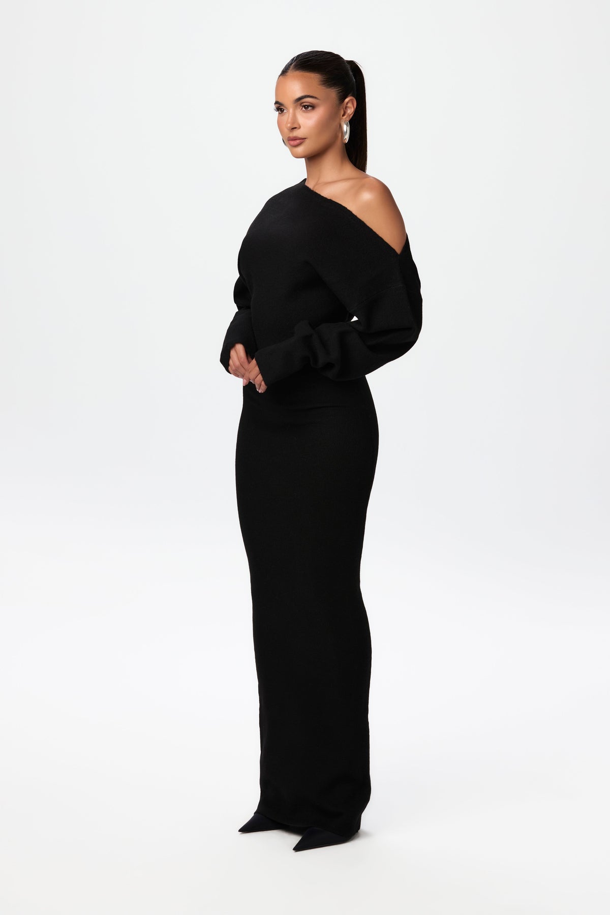 Black Knit Off-Shoulder Sweater Maxi Dress