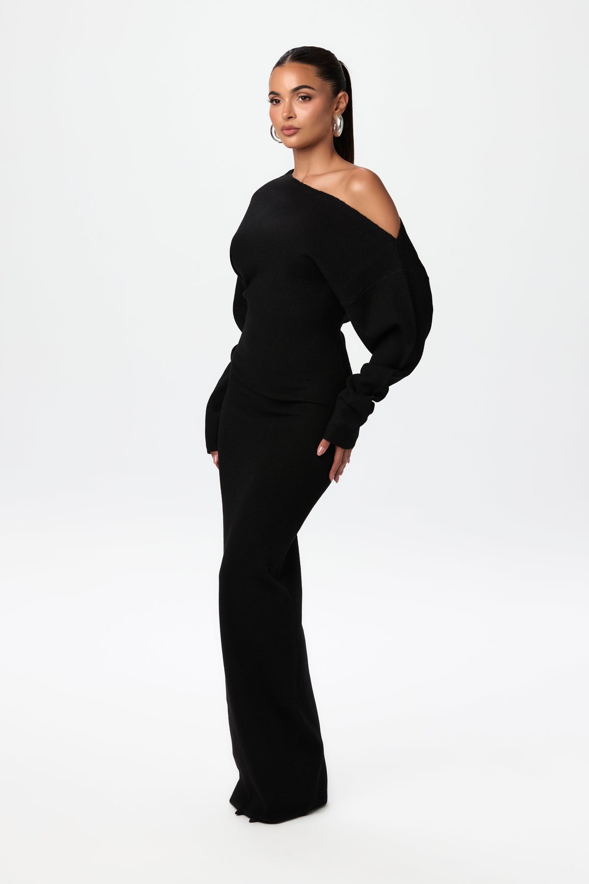 Black Knit Off-Shoulder Sweater Maxi Dress