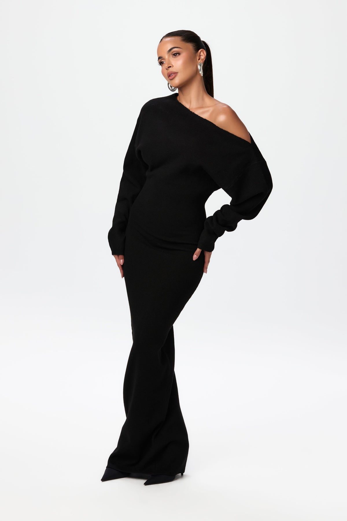 Black Knit Off-Shoulder Sweater Maxi Dress