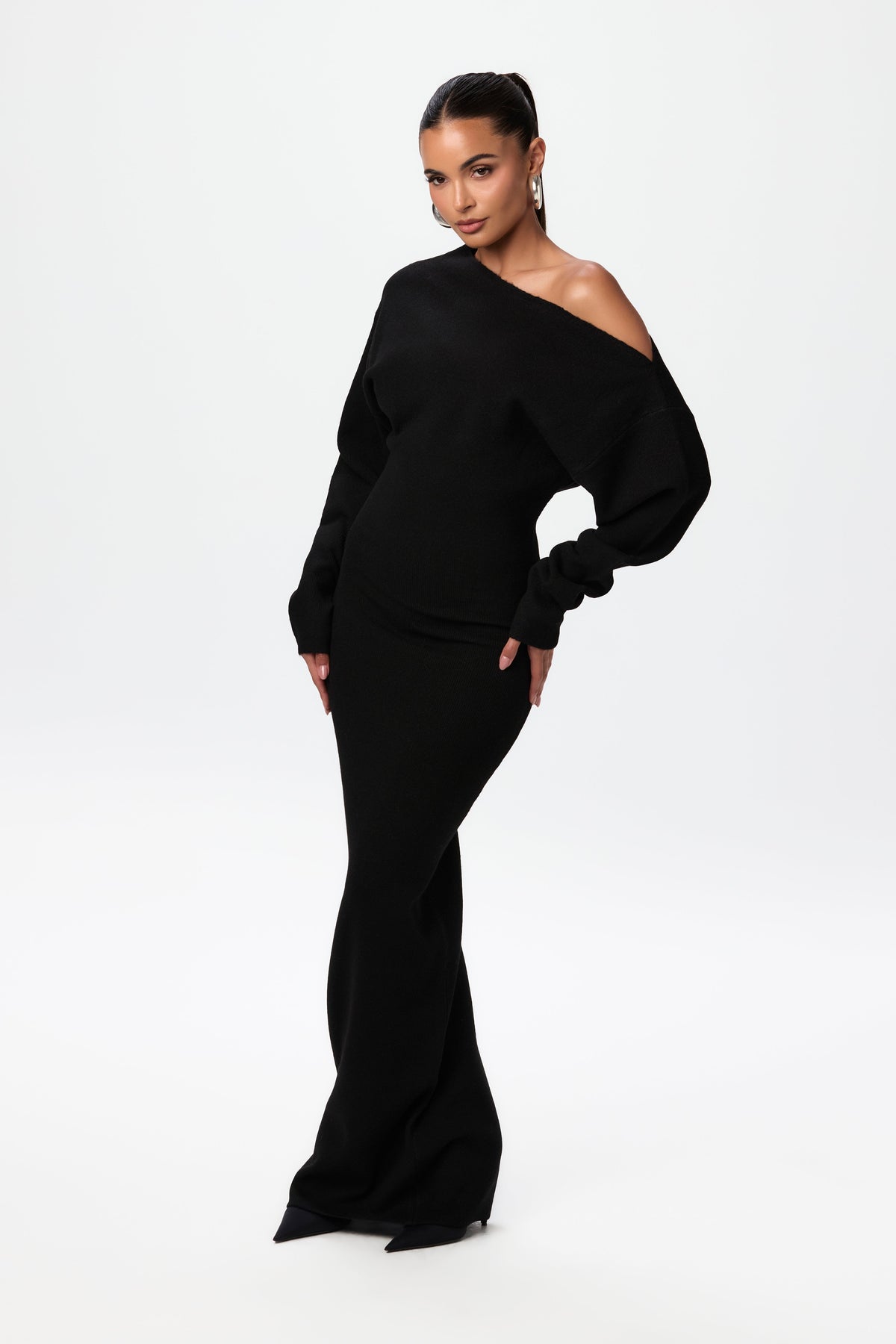 Black Knit Off-Shoulder Sweater Maxi Dress