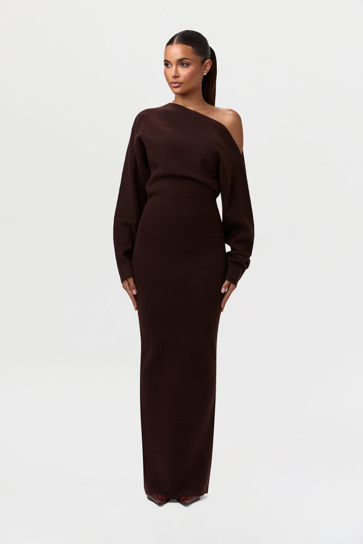 Dark Chocolate Knit Off-Shoulder Sweater Maxi Dress
