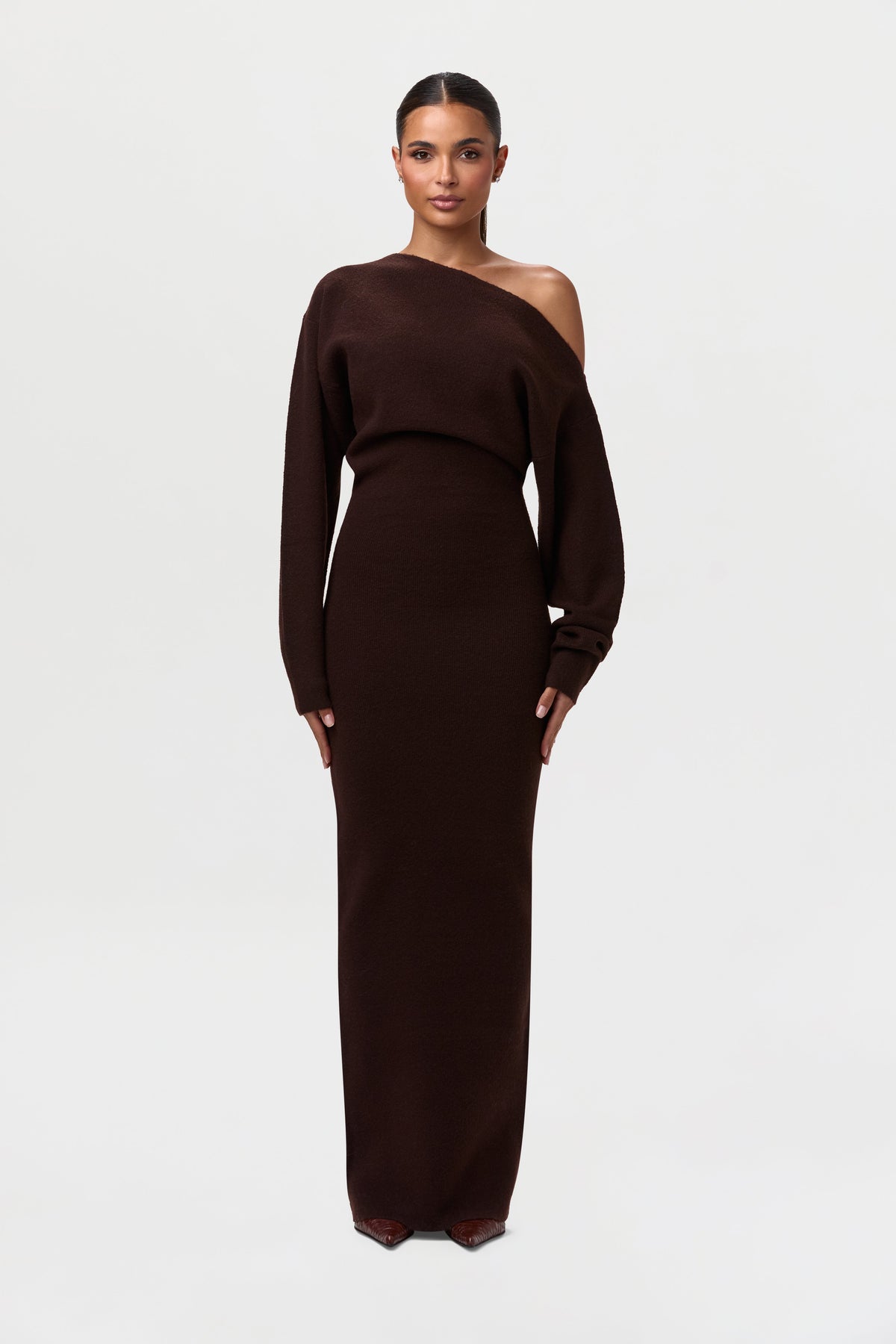 Dark Chocolate Knit Off-Shoulder Sweater Maxi Dress