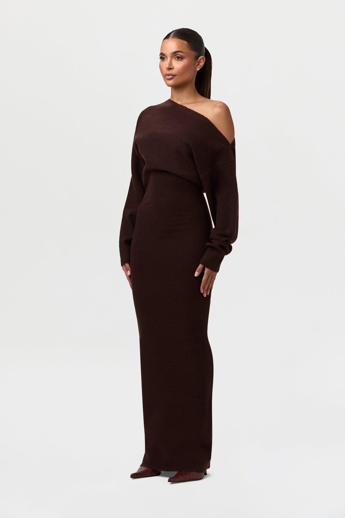 Dark Chocolate Knit Off-Shoulder Sweater Maxi Dress