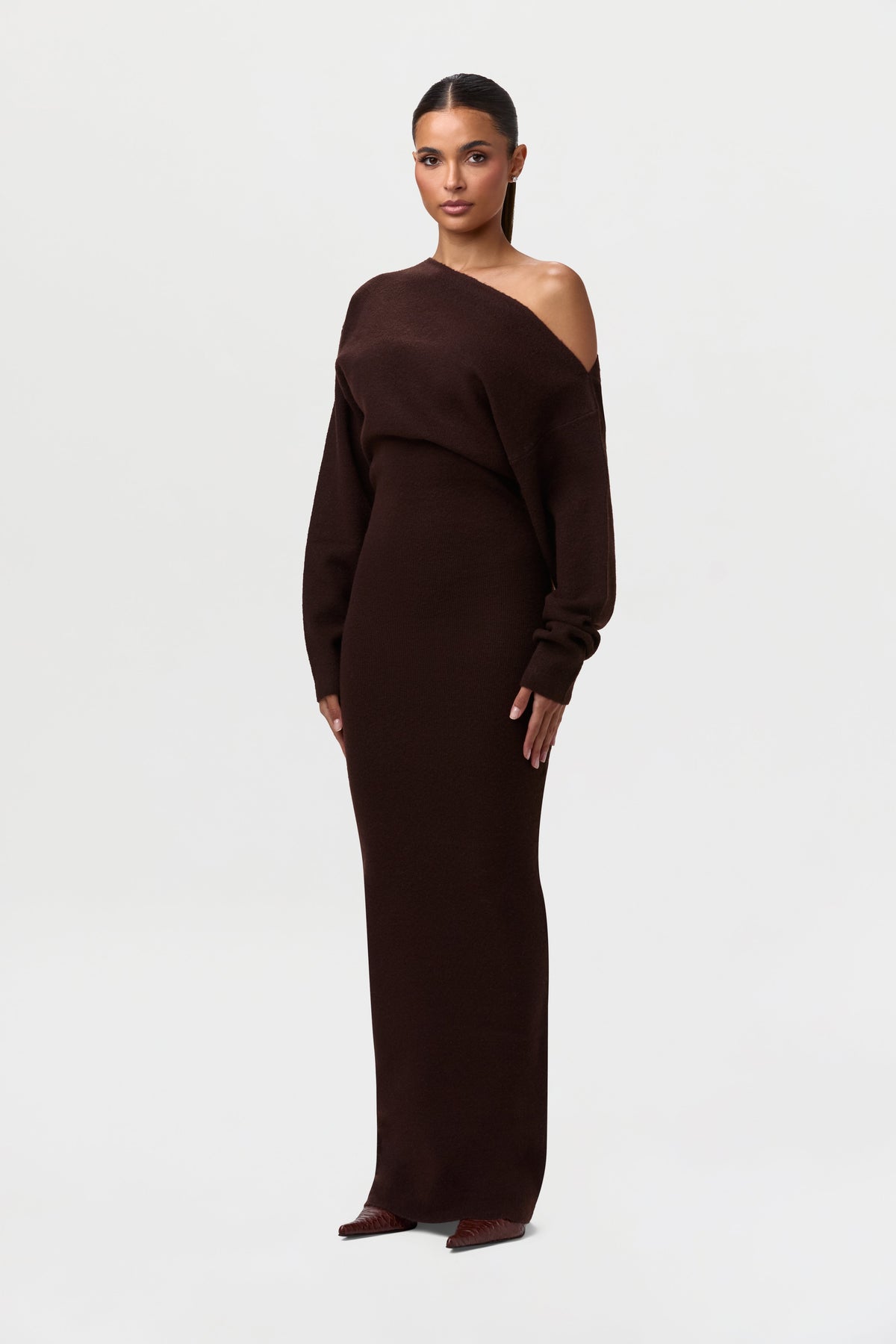 Dark Chocolate Knit Off-Shoulder Sweater Maxi Dress
