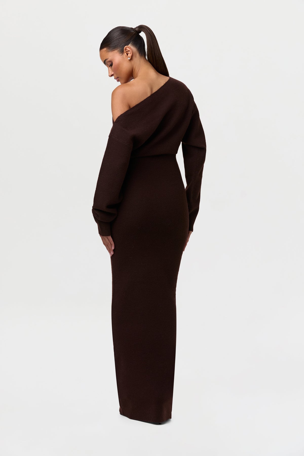 Dark Chocolate Knit Off-Shoulder Sweater Maxi Dress