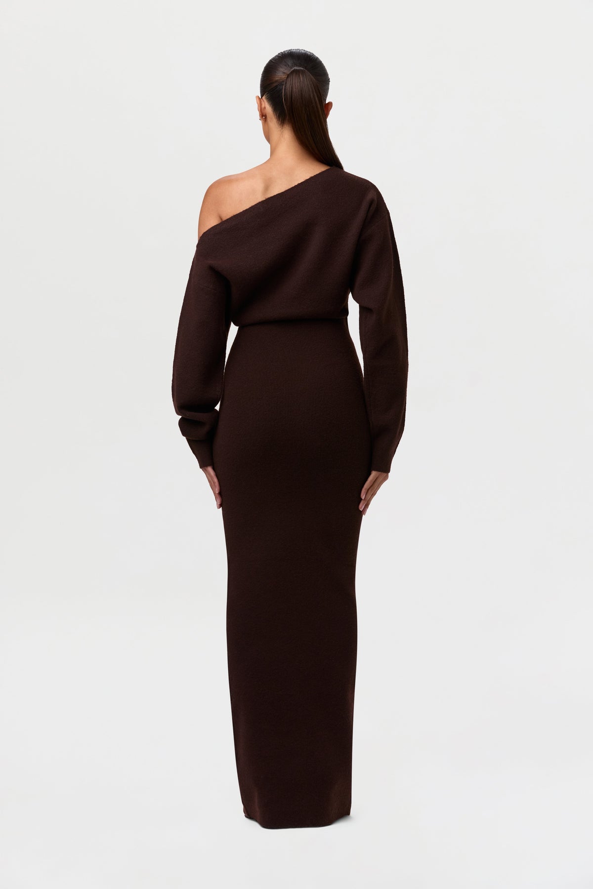 Dark Chocolate Knit Off-Shoulder Sweater Maxi Dress
