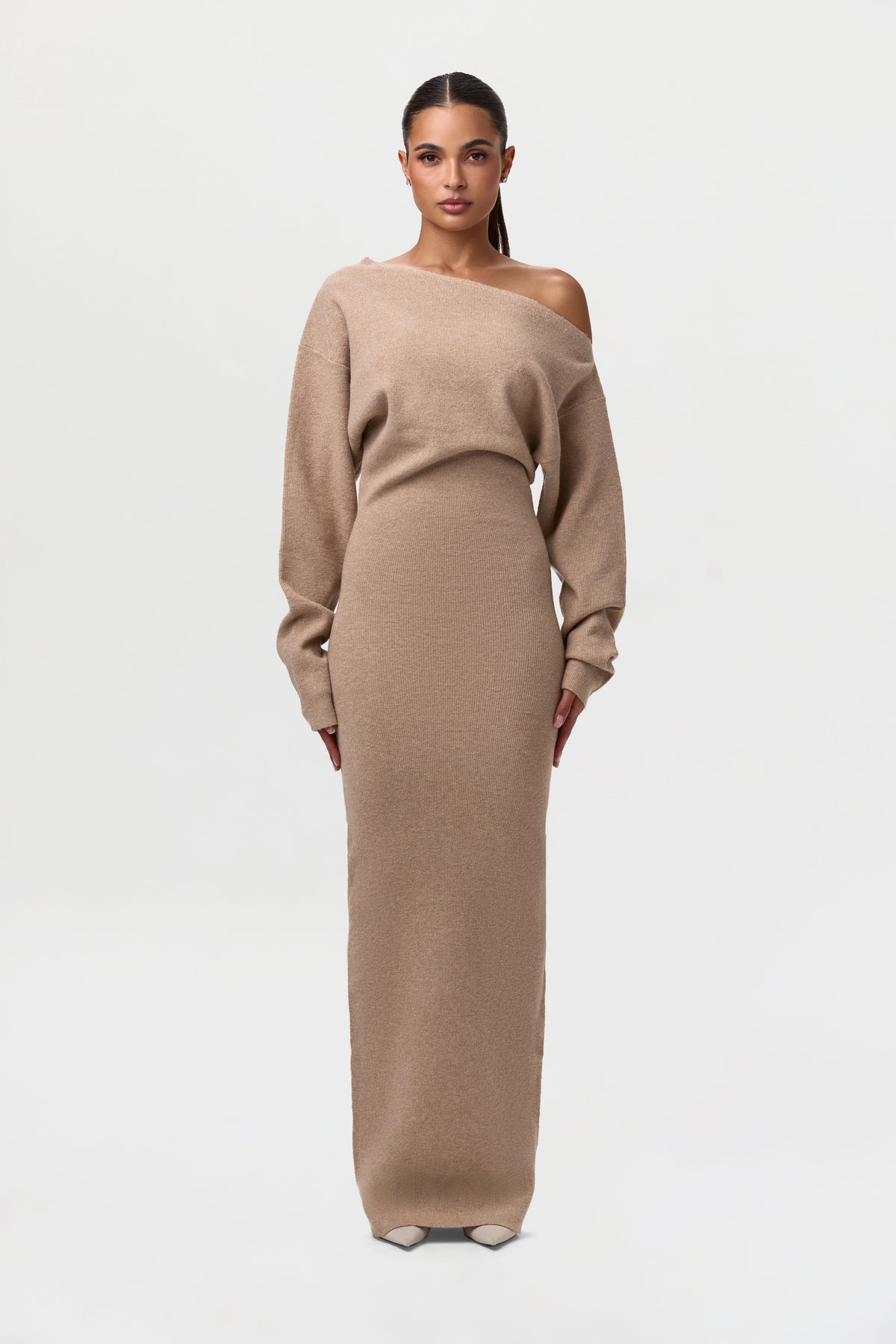 Taupe Knit Off-Shoulder Sweater Maxi Dress