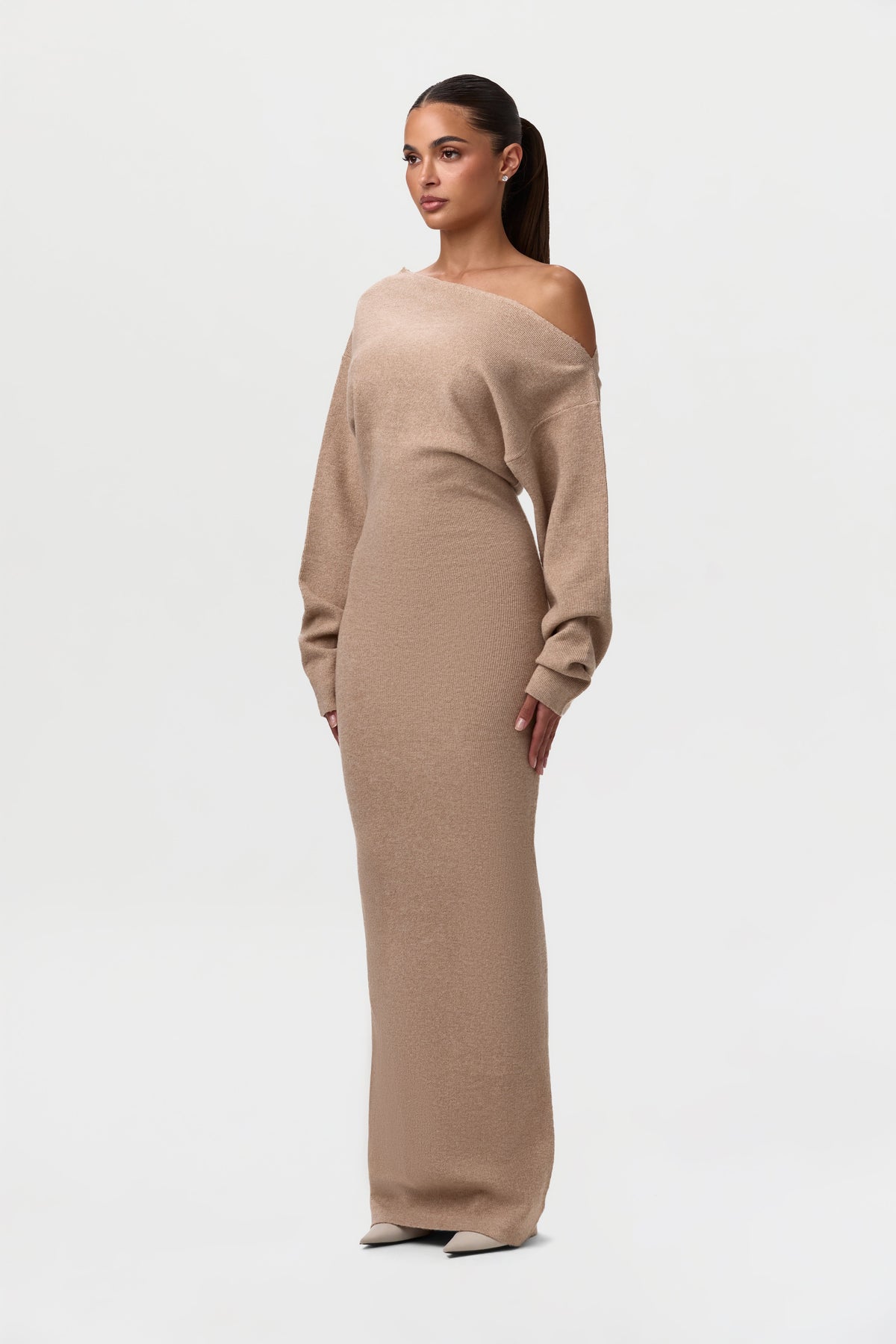 Taupe Knit Off-Shoulder Sweater Maxi Dress