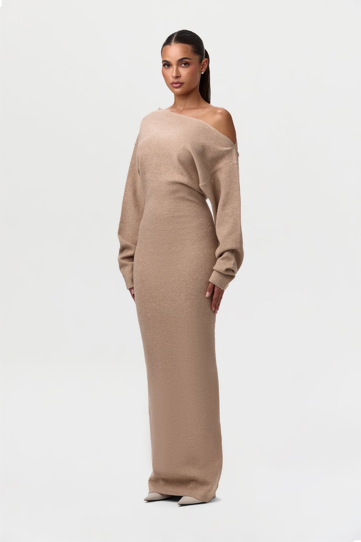 Taupe Knit Off-Shoulder Sweater Maxi Dress