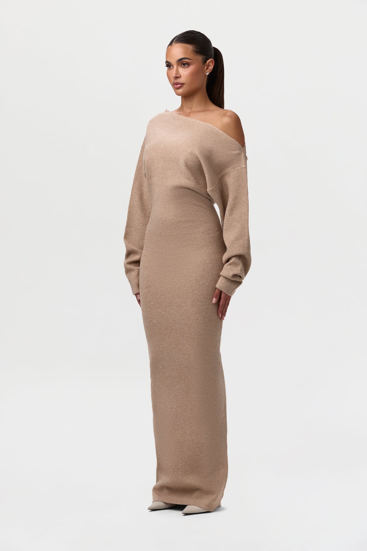 Taupe Knit Off-Shoulder Sweater Maxi Dress