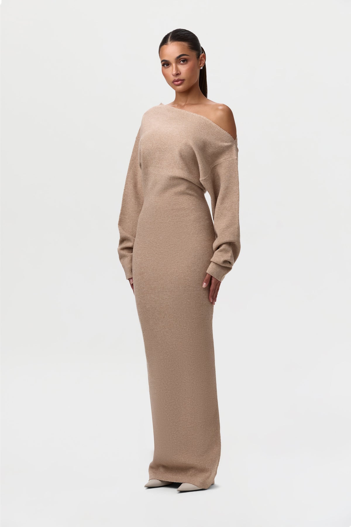 Taupe Knit Off-Shoulder Sweater Maxi Dress