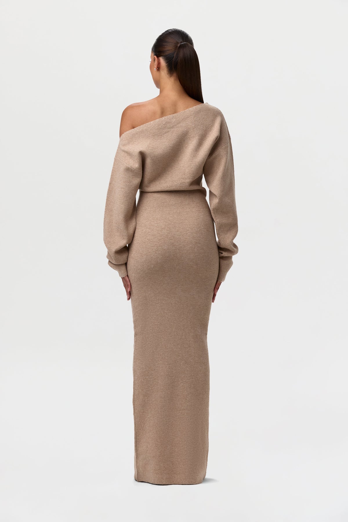 Taupe Knit Off-Shoulder Sweater Maxi Dress